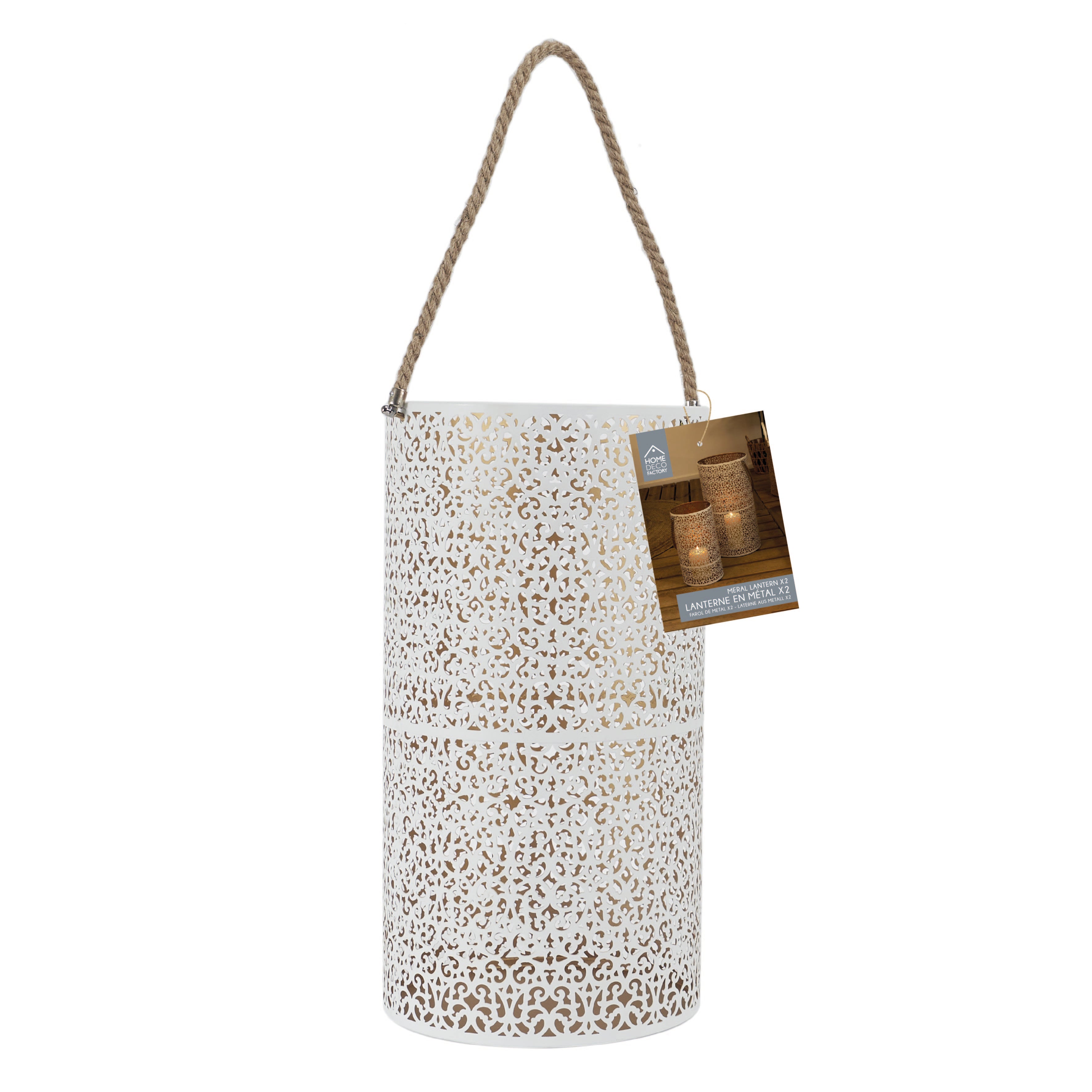 LANTERNE METAL AJOURE BLANC DORE X2