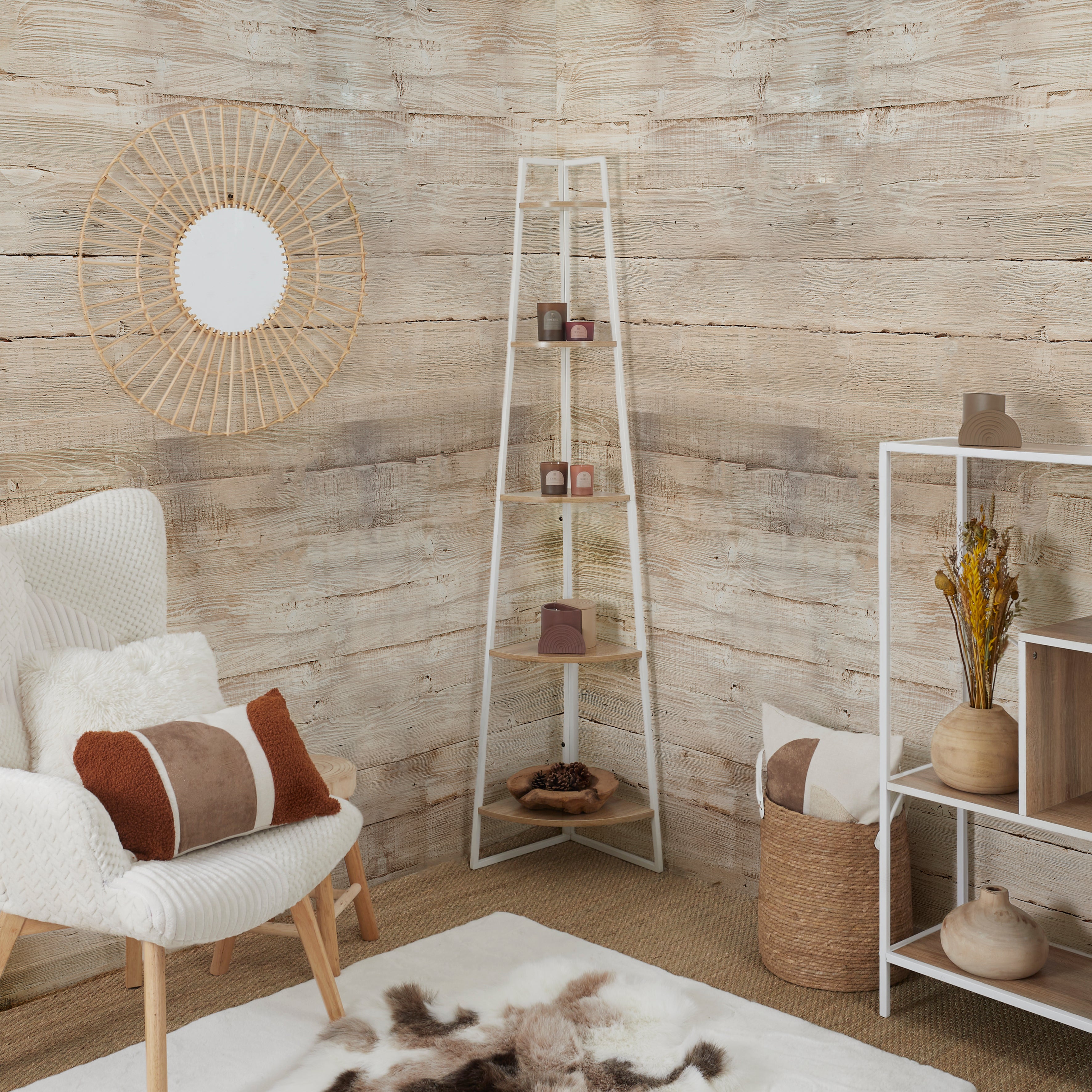 ETAGERE ANGLE 5 NIVEAUX BOIS ET METAL BLANC