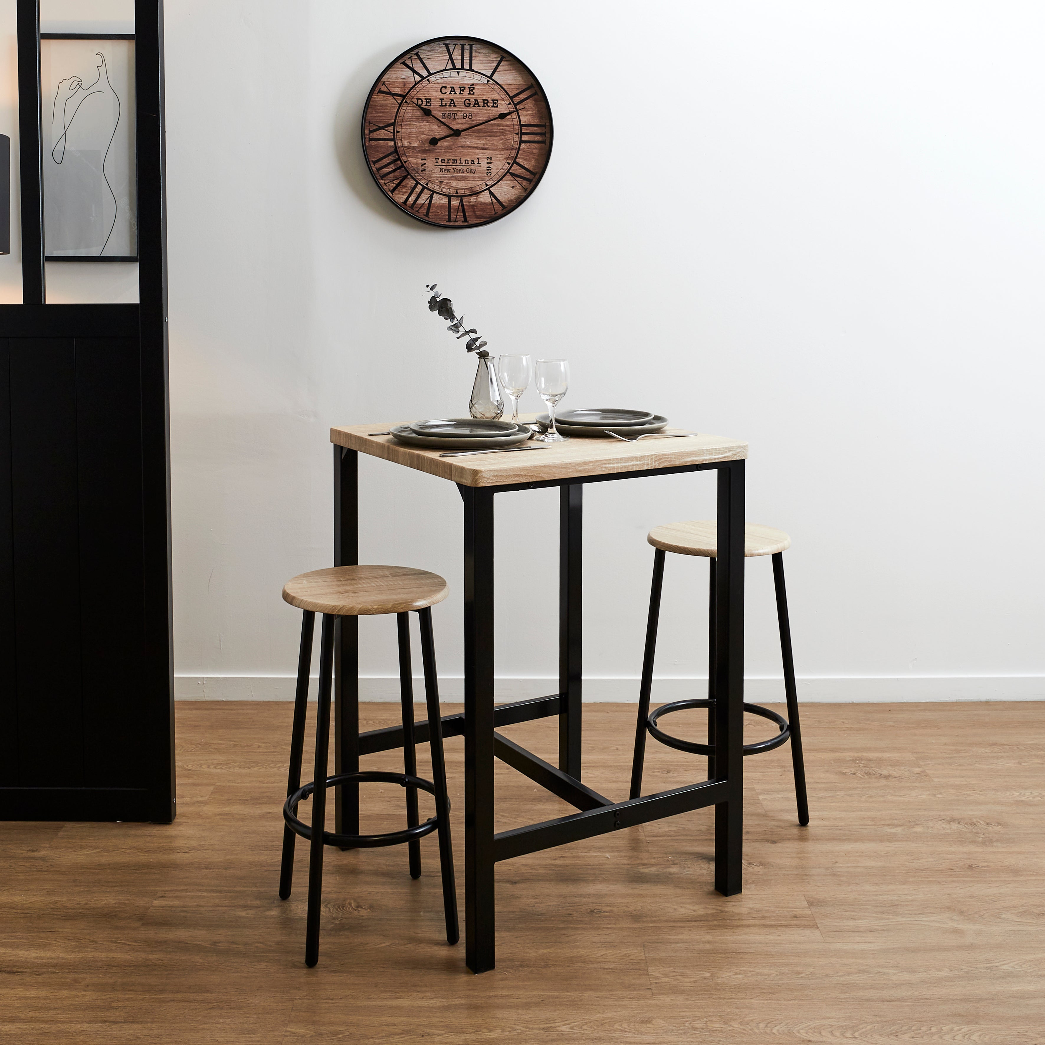 TABLE MANGE DEBOUT ET 2 TABOURETS LOKA