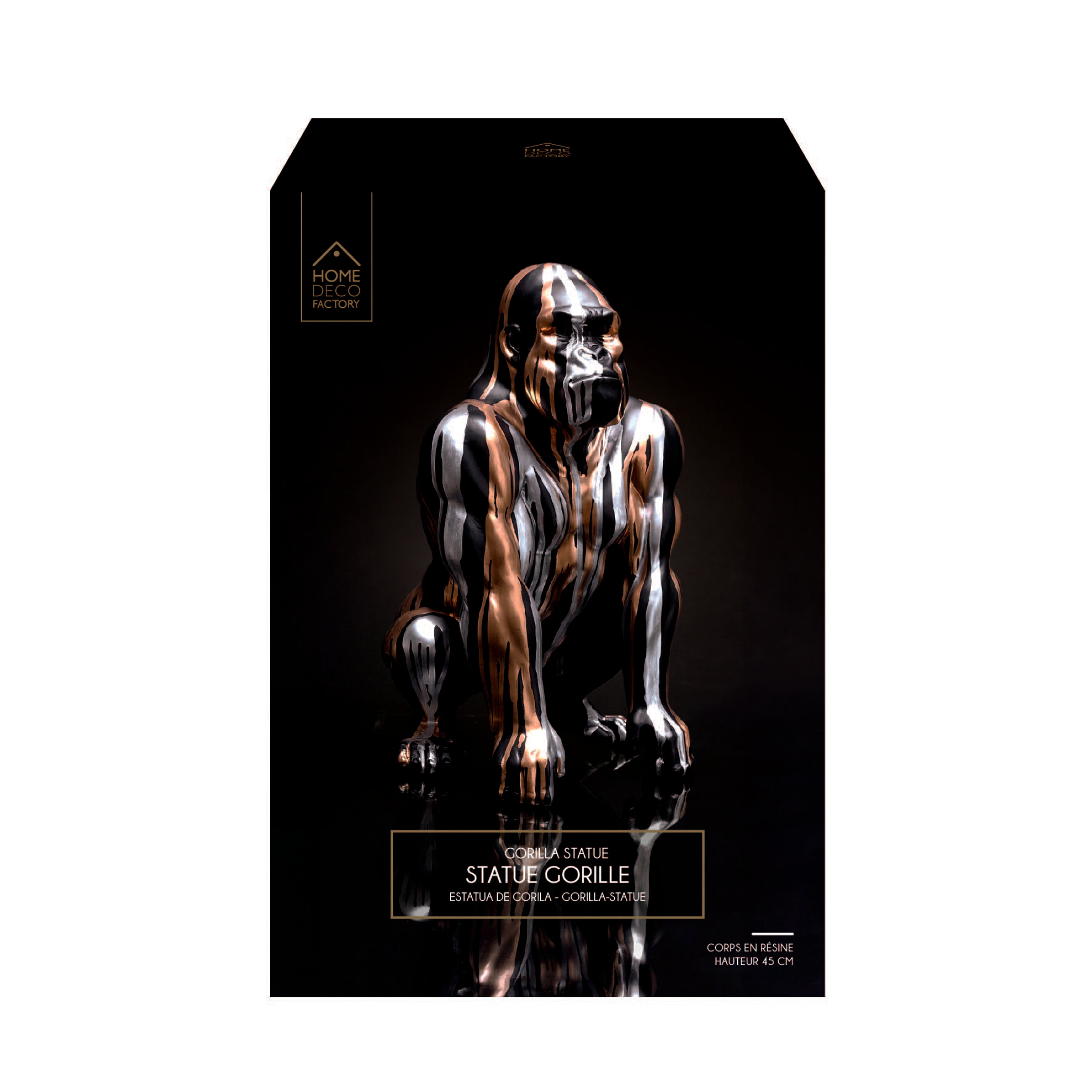 STATUE GORILLE NOIR COULURE DORE ARGENTE H45CM
