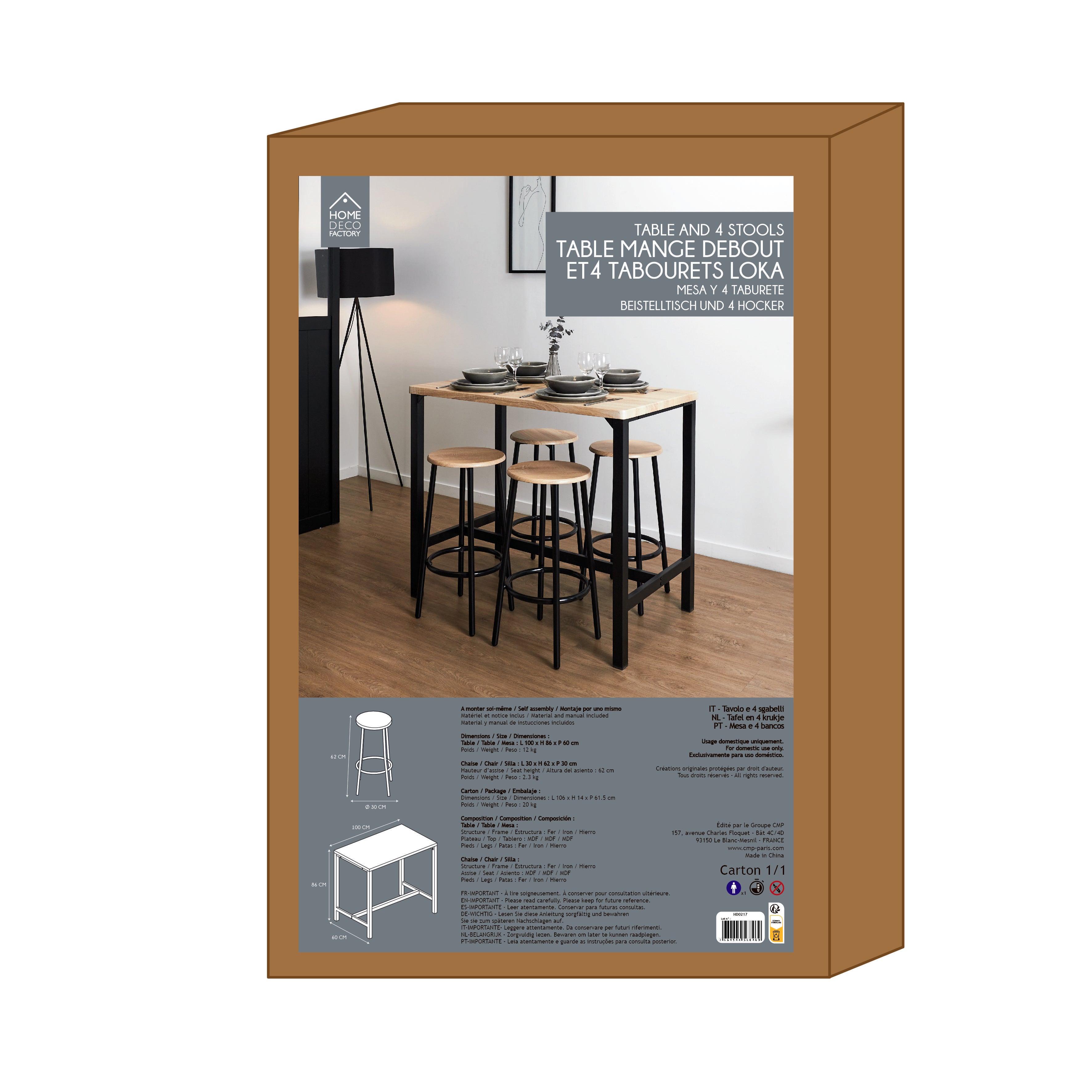 TABLE MANGE DEBOUT ET 4 TABOURETS LOKA
