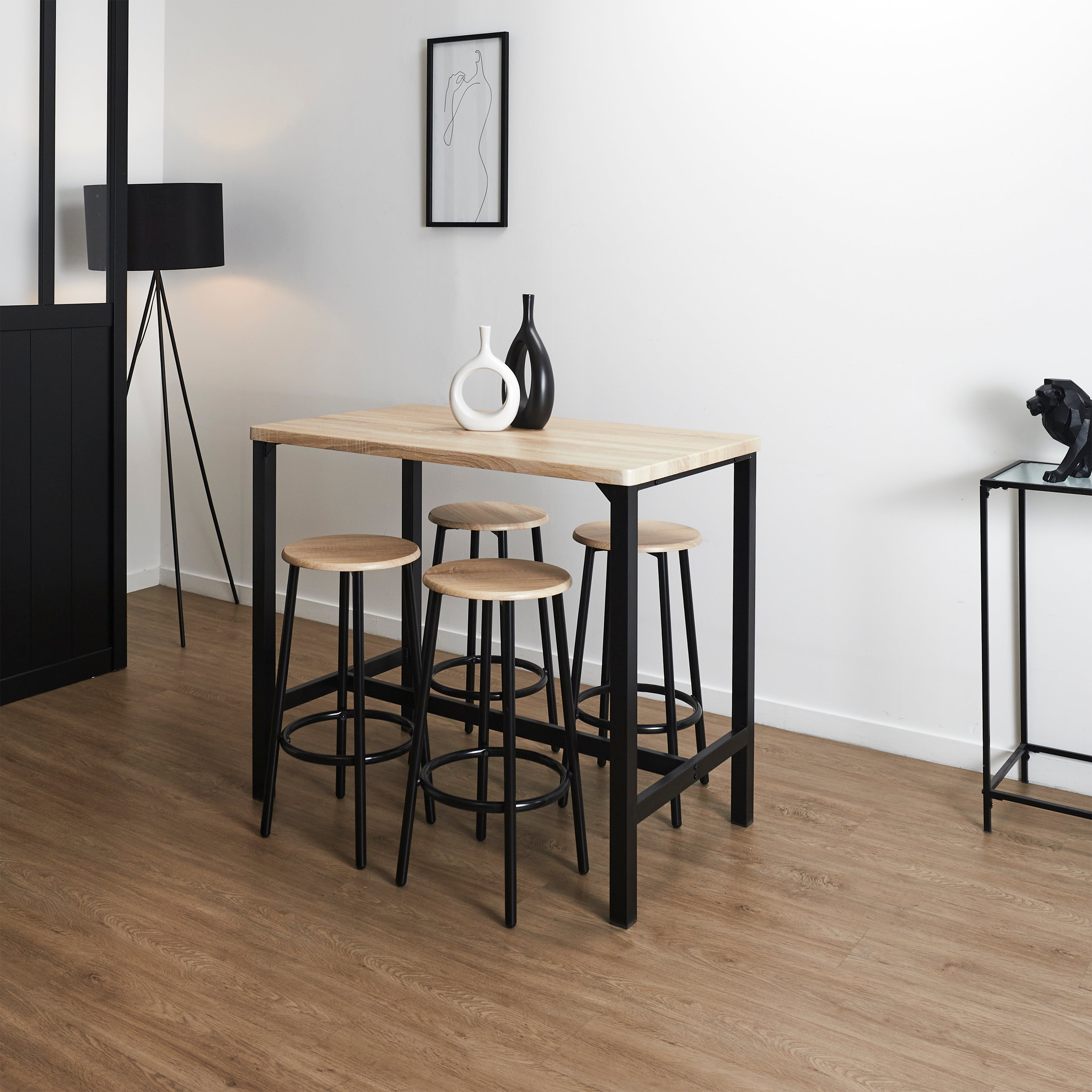 TABLE MANGE DEBOUT ET 4 TABOURETS LOKA