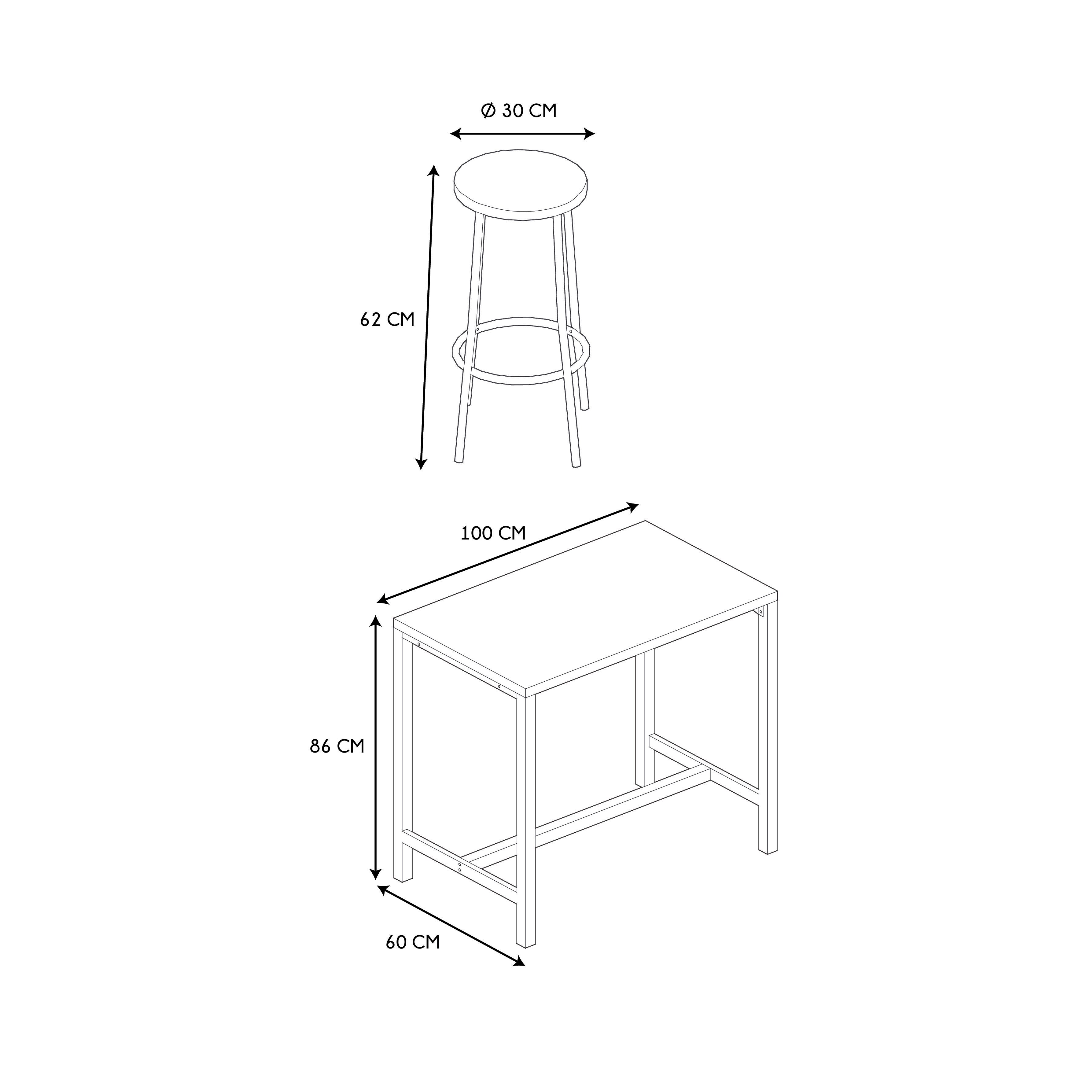 TABLE MANGE DEBOUT ET 4 TABOURETS LOKA
