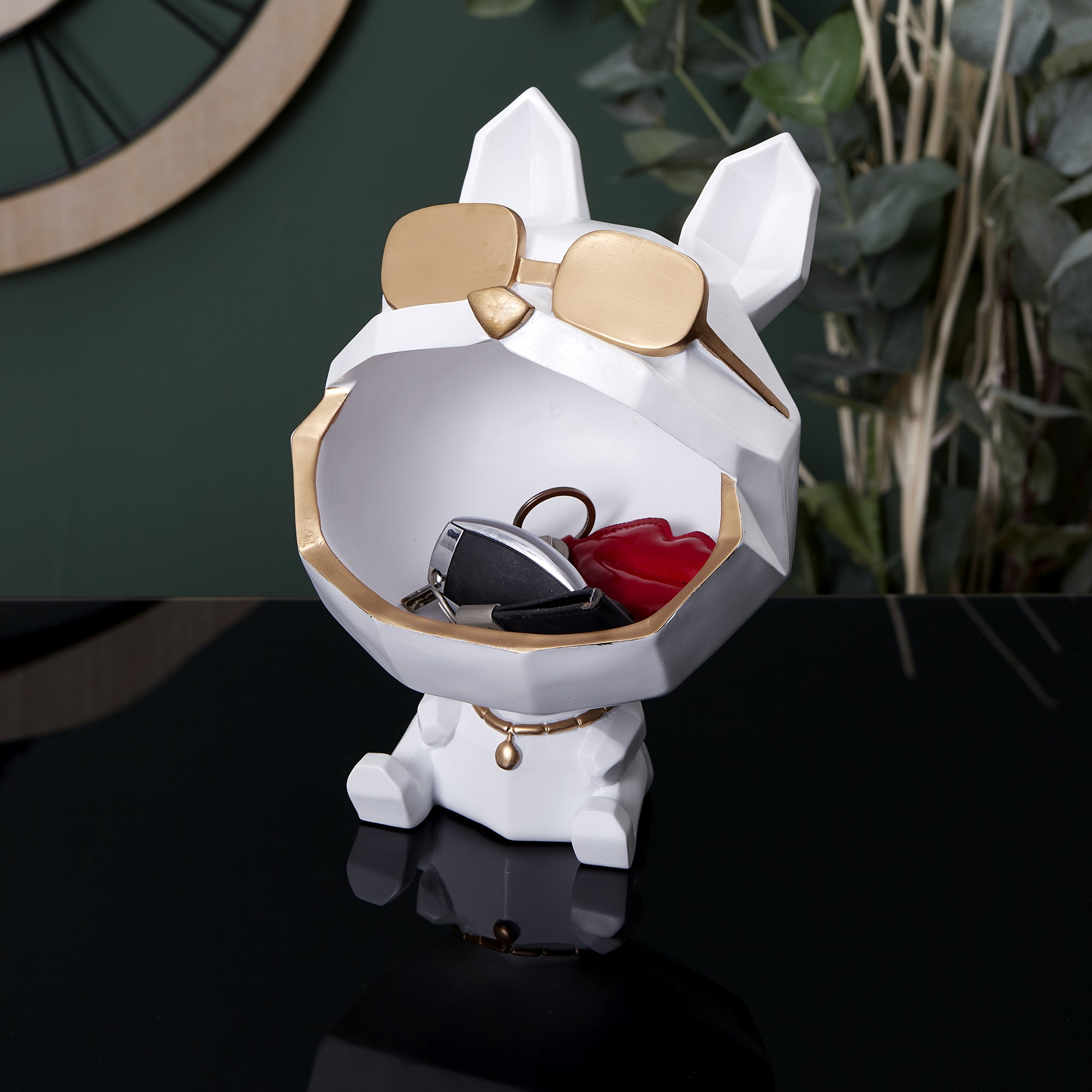STATUE CHIEN A LUNETTES BLANC VIDE POCHE