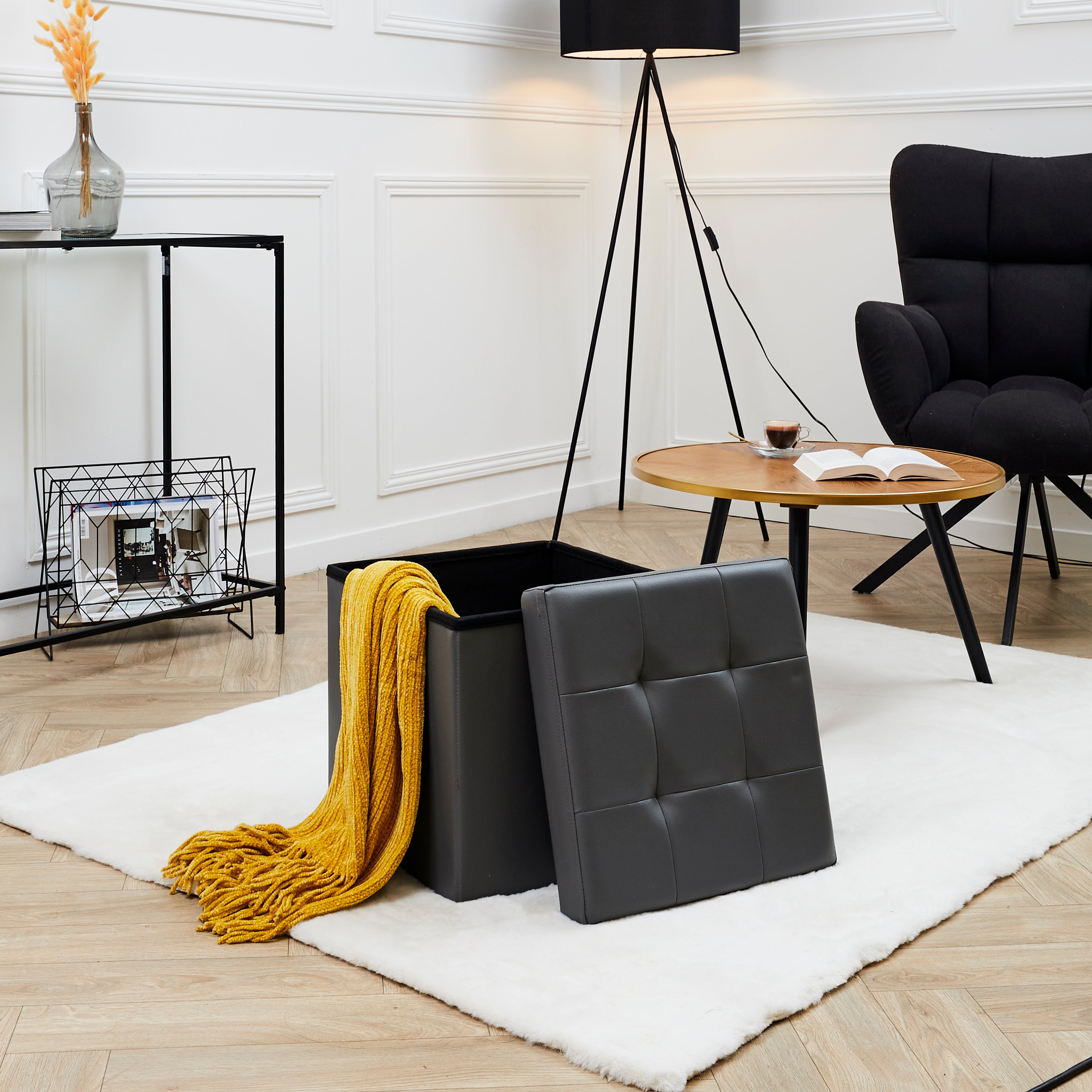 COFFRE POUF PLIABLE PU GRIS