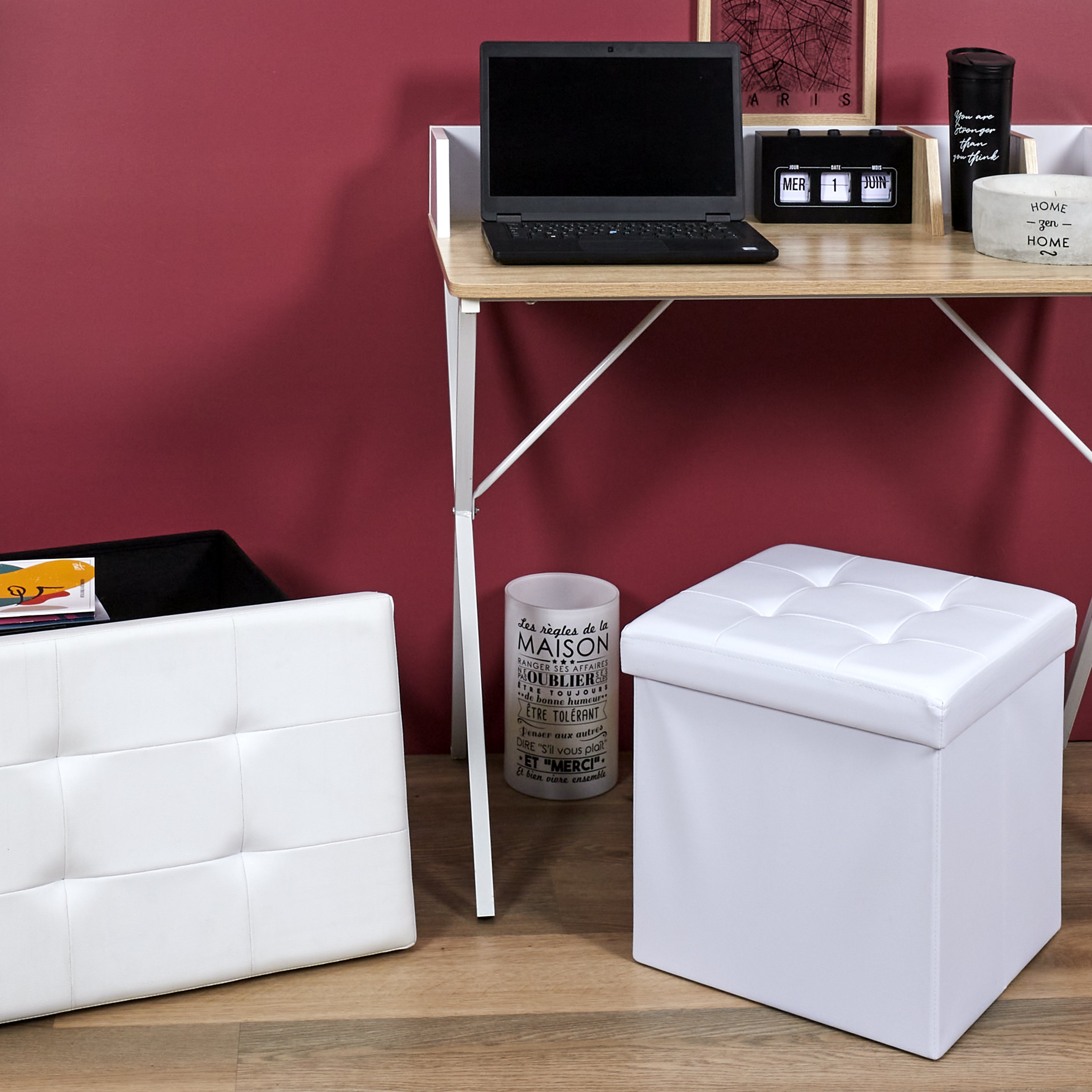 COFFRE POUF PLIABLE PU BLANC