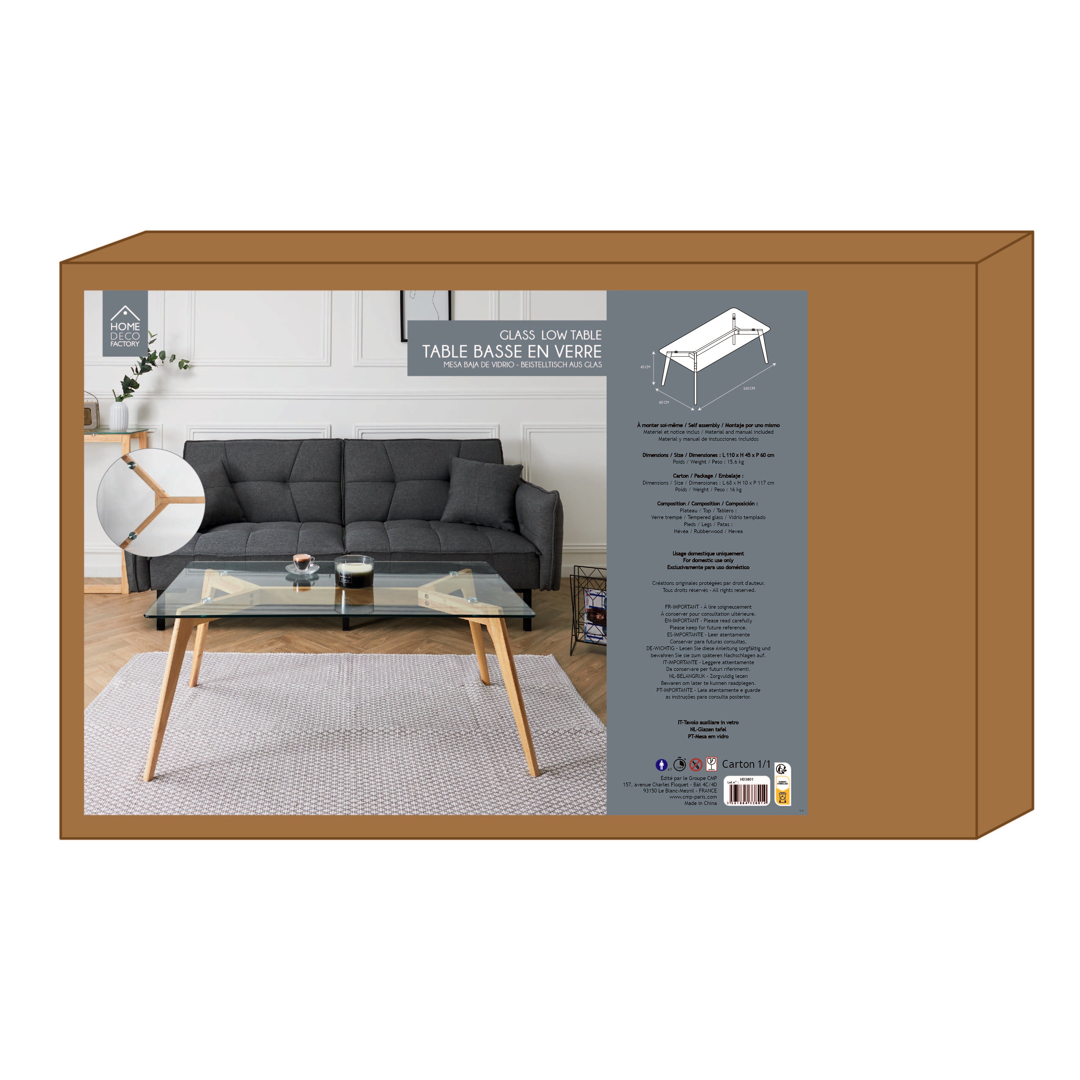 TABLE RECTANGULAIRE EN VERRE 110X60X45CM