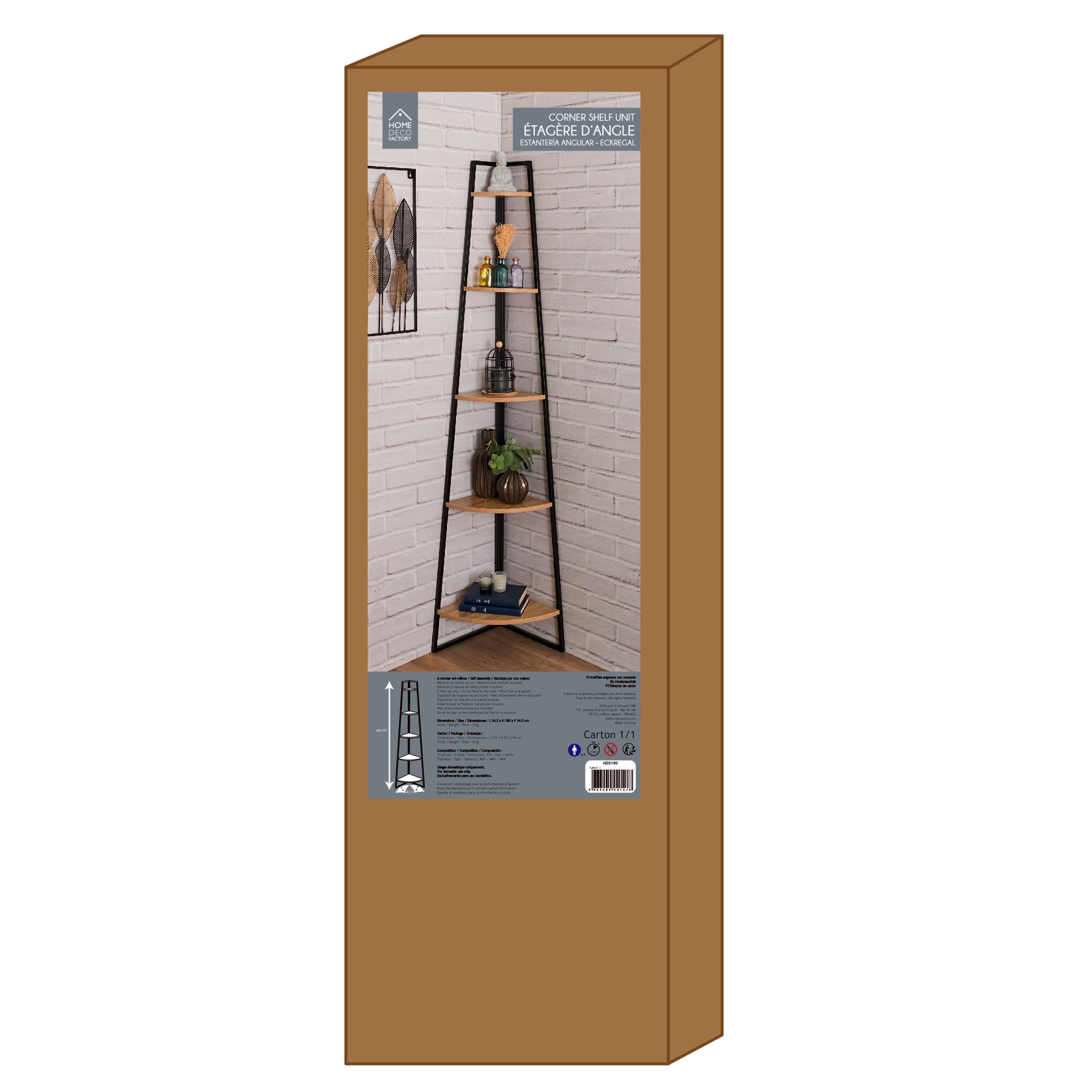 ETAGERE ANGLE 5 NIVEAUX BOIS ET METAL