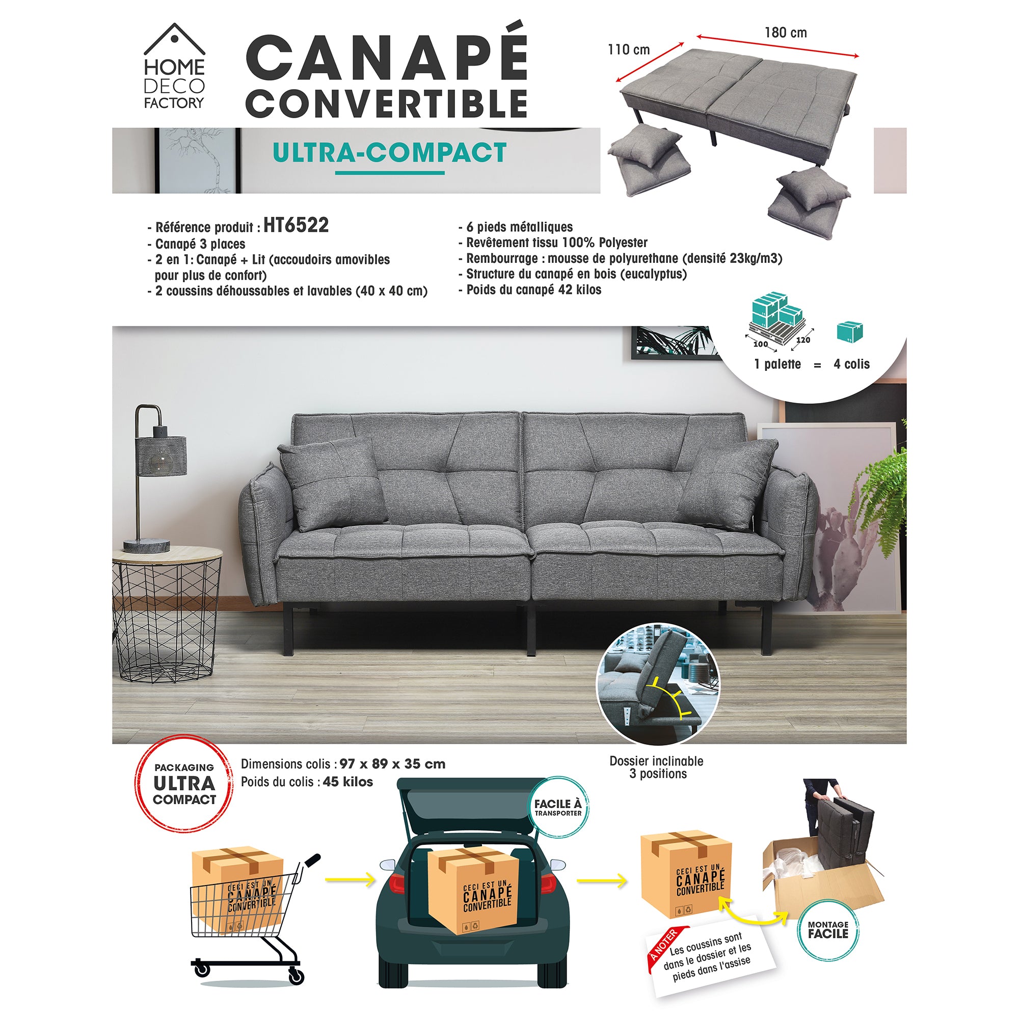 CANAPE CONVERTIBLE GRIS