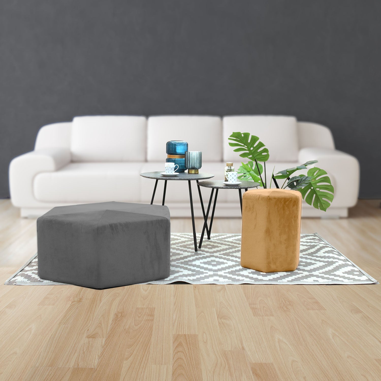 POUF VELOURS COTELE 35CM GIULIA JAUNE MOUTARDE
