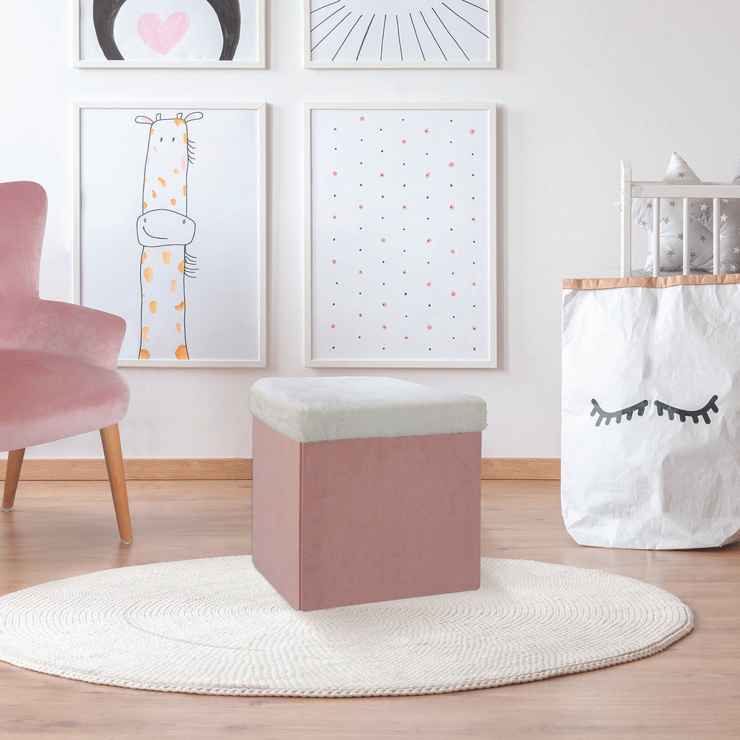 COFFRE POUF PLIABLE ROSE IMITATION FOURRURE LEO