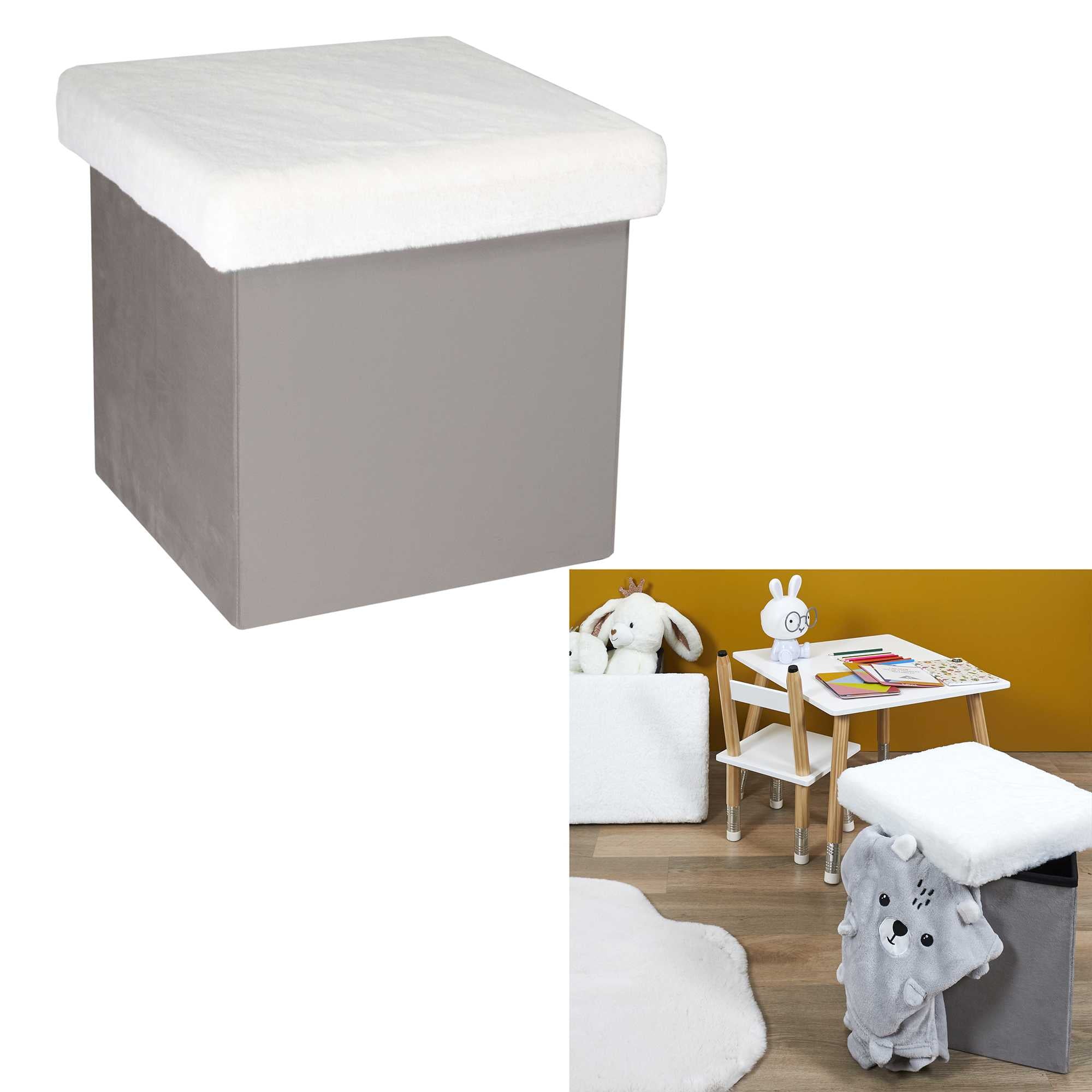 COFFRE POUF PLIABLE GRIS IMITATION FOURRURE LEO