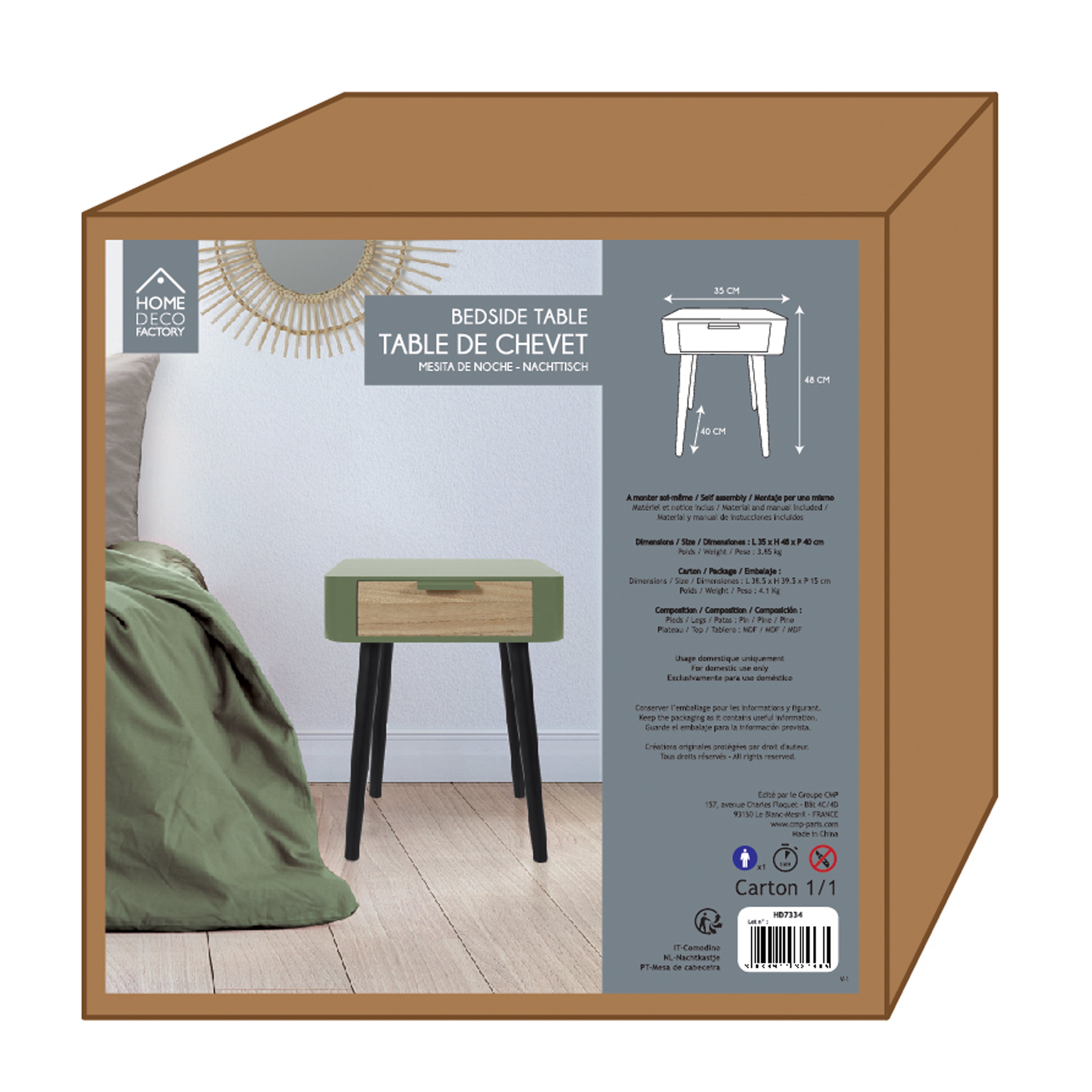 CHEVET 1 TIROIR EN BOIS VERT KAKI