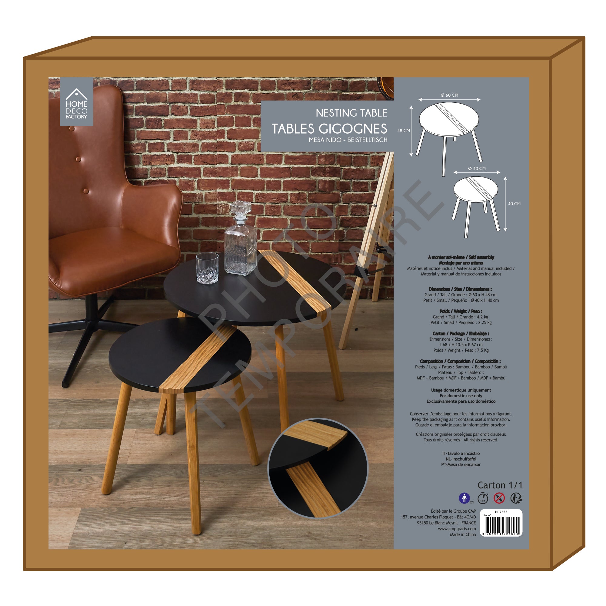 TABLE GIGOGNE BICOLORE RELIEF NOIR X2