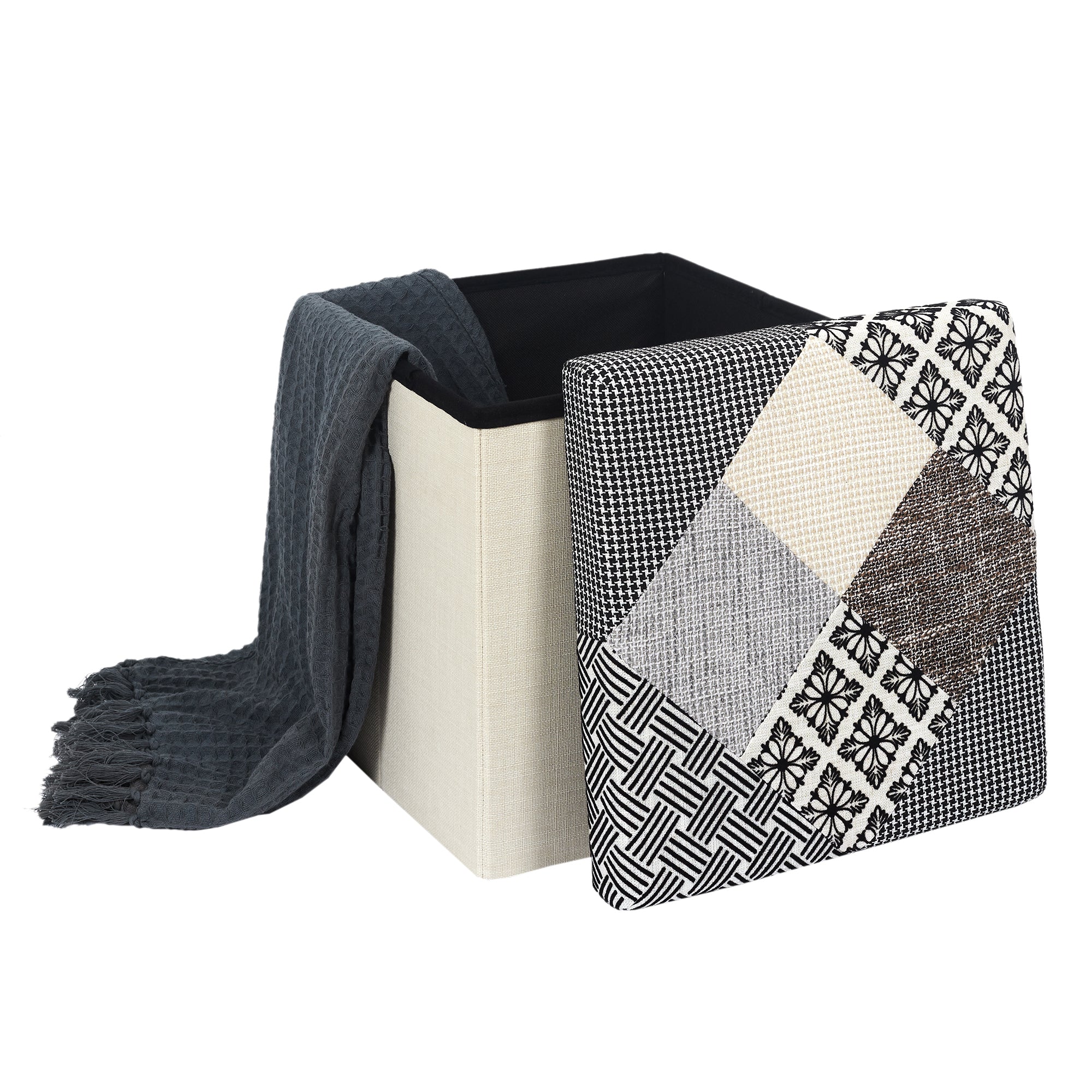 COFFRE POUF PLIABLE PATCHWORK GRIS