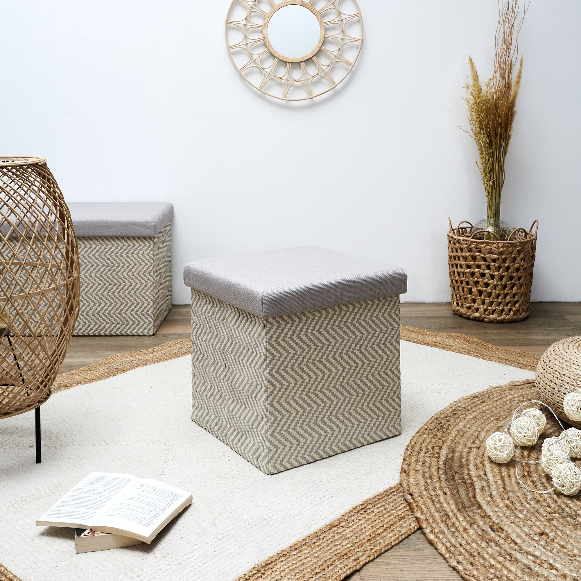 COFFRE POUF PLIABLE TRESSE GRIS