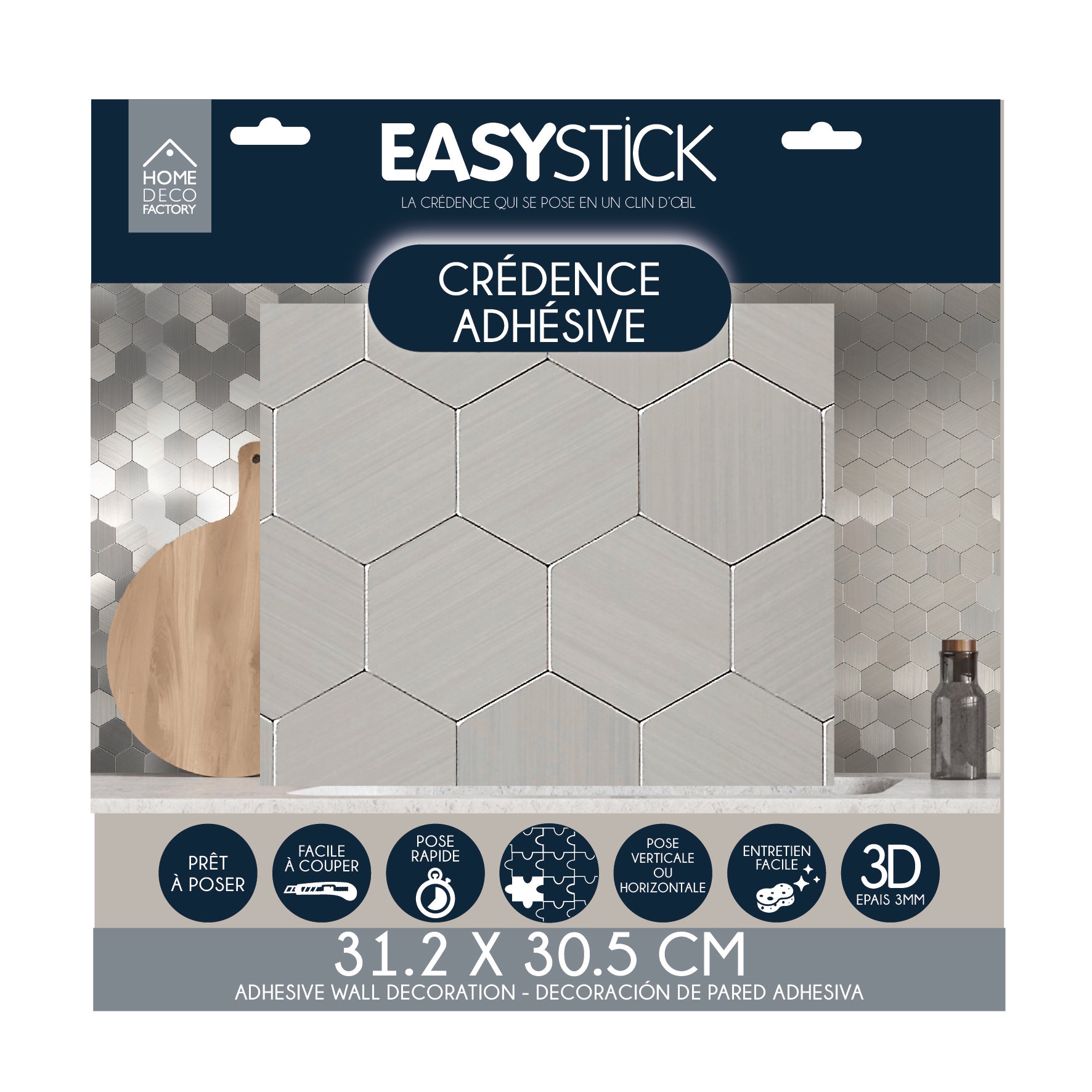 CREDENCE ADHESIVE RIGIDE HEXAGONE ARGENTE