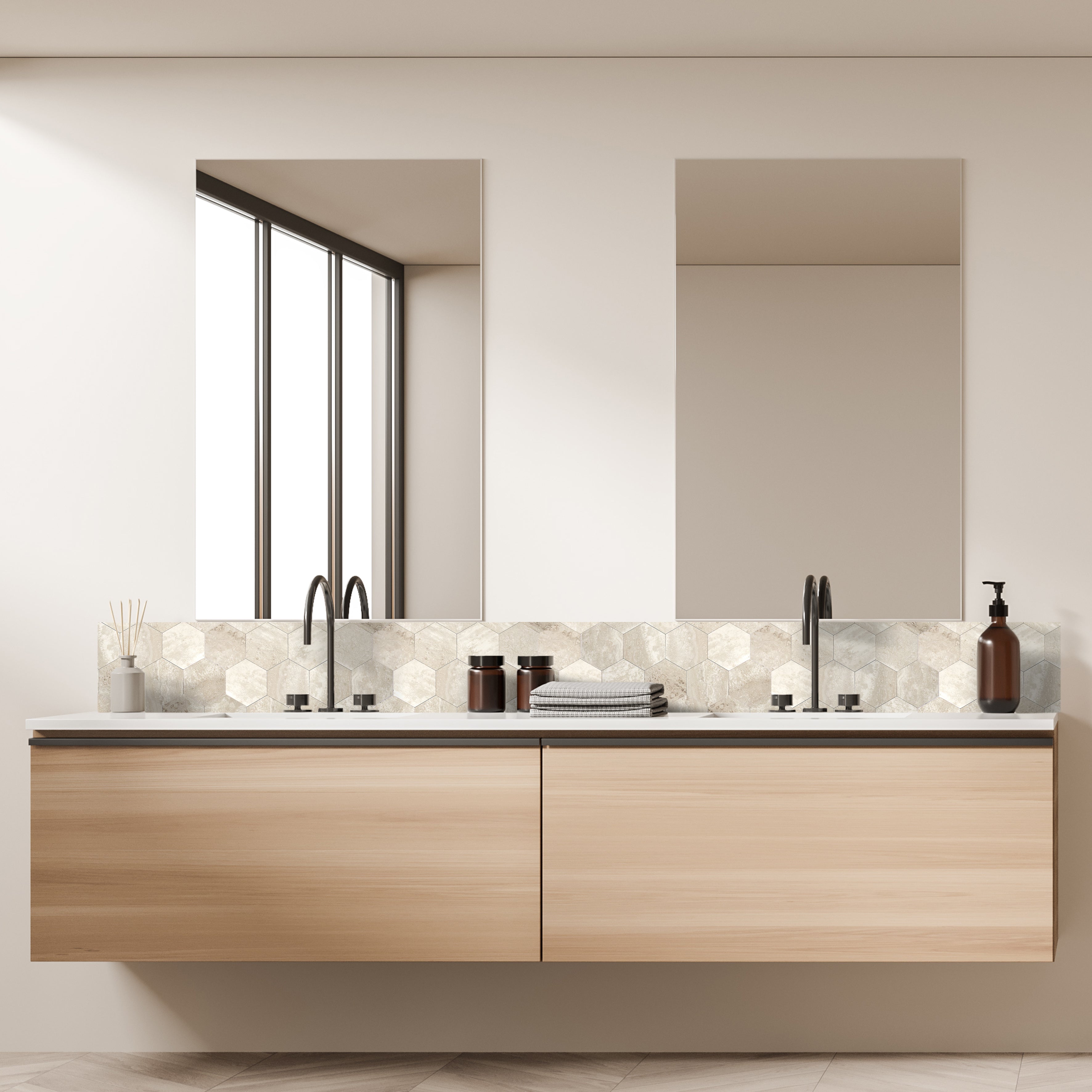CREDENCE ADHESIVE RIGIDE HEXAGONE TRAVERTIN