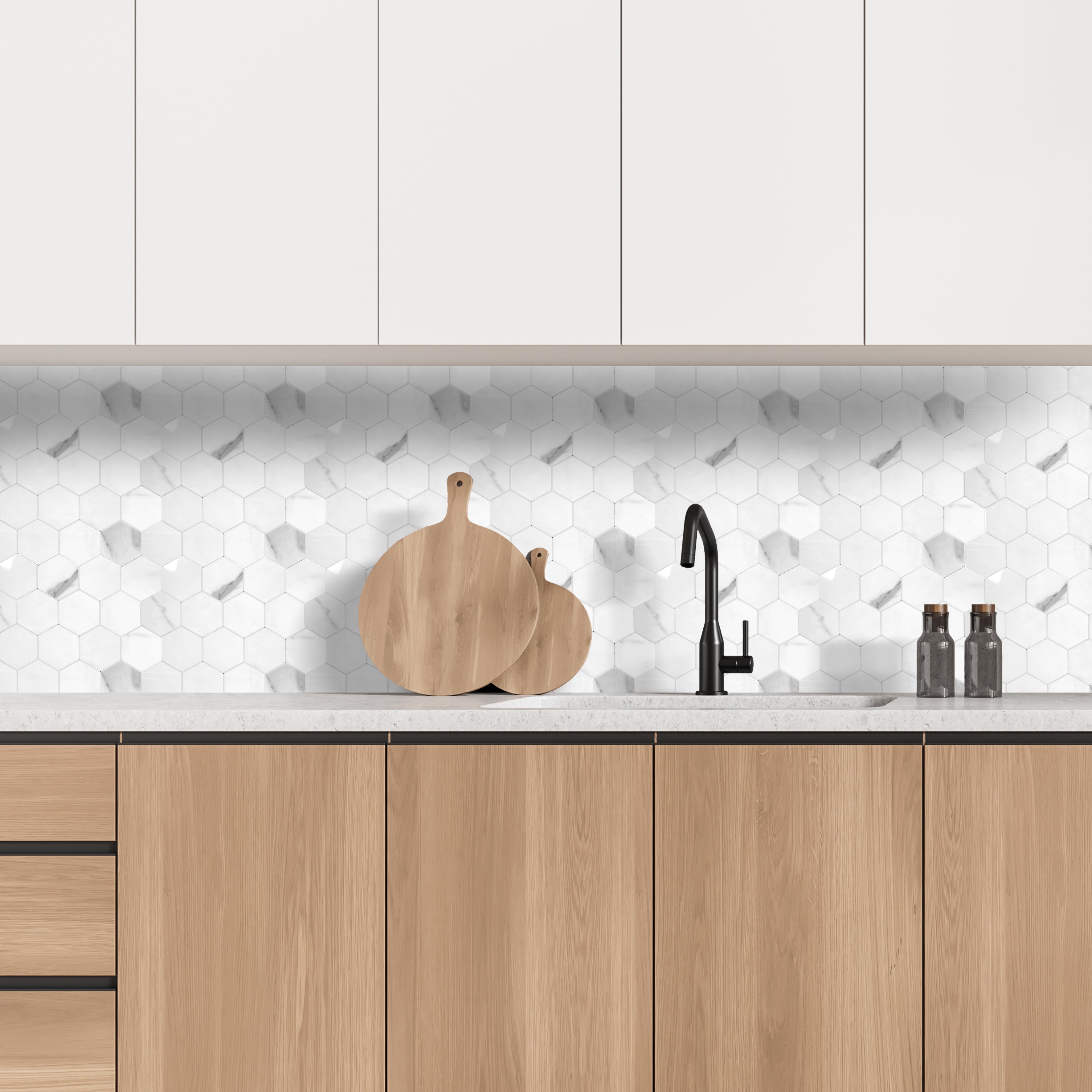 CREDENCE ADHESIVE ET RIGIDE HEXAGONE MARBRE BLANC
