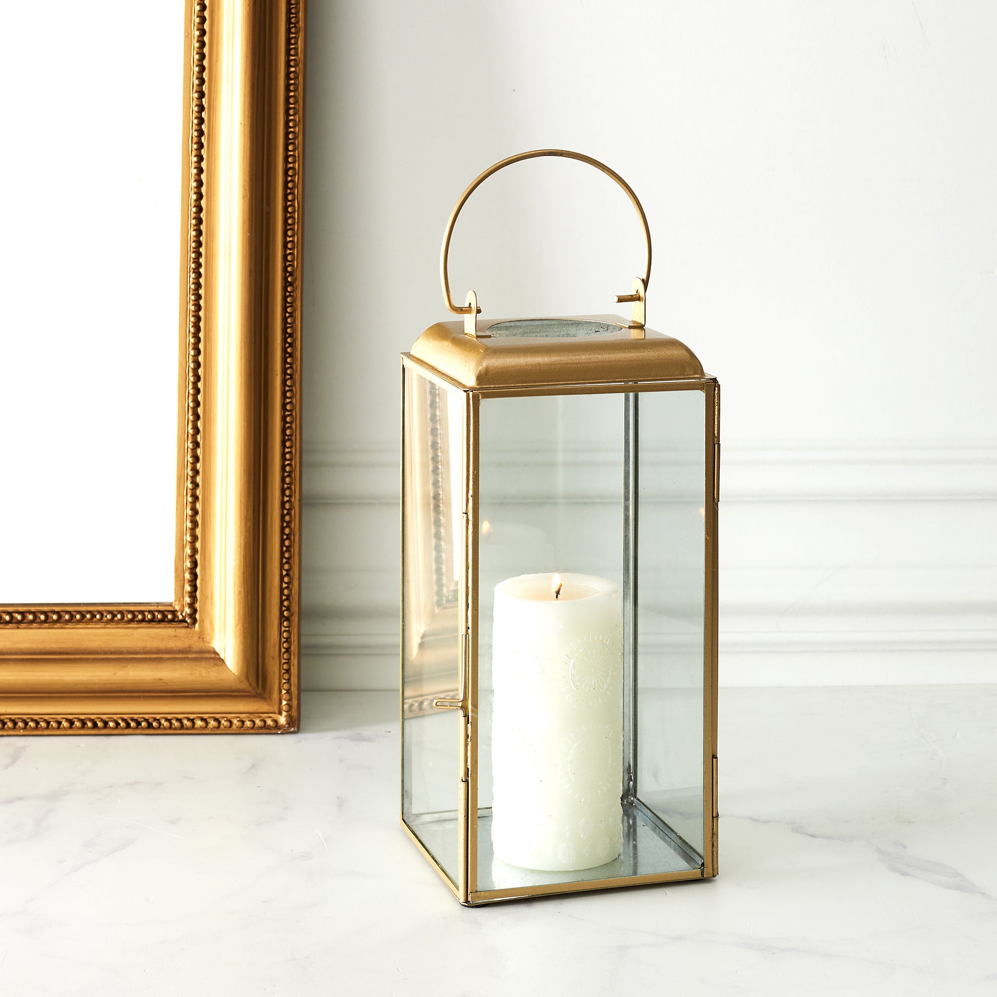 LANTERNE METAL DORE ET VERRE H30CM