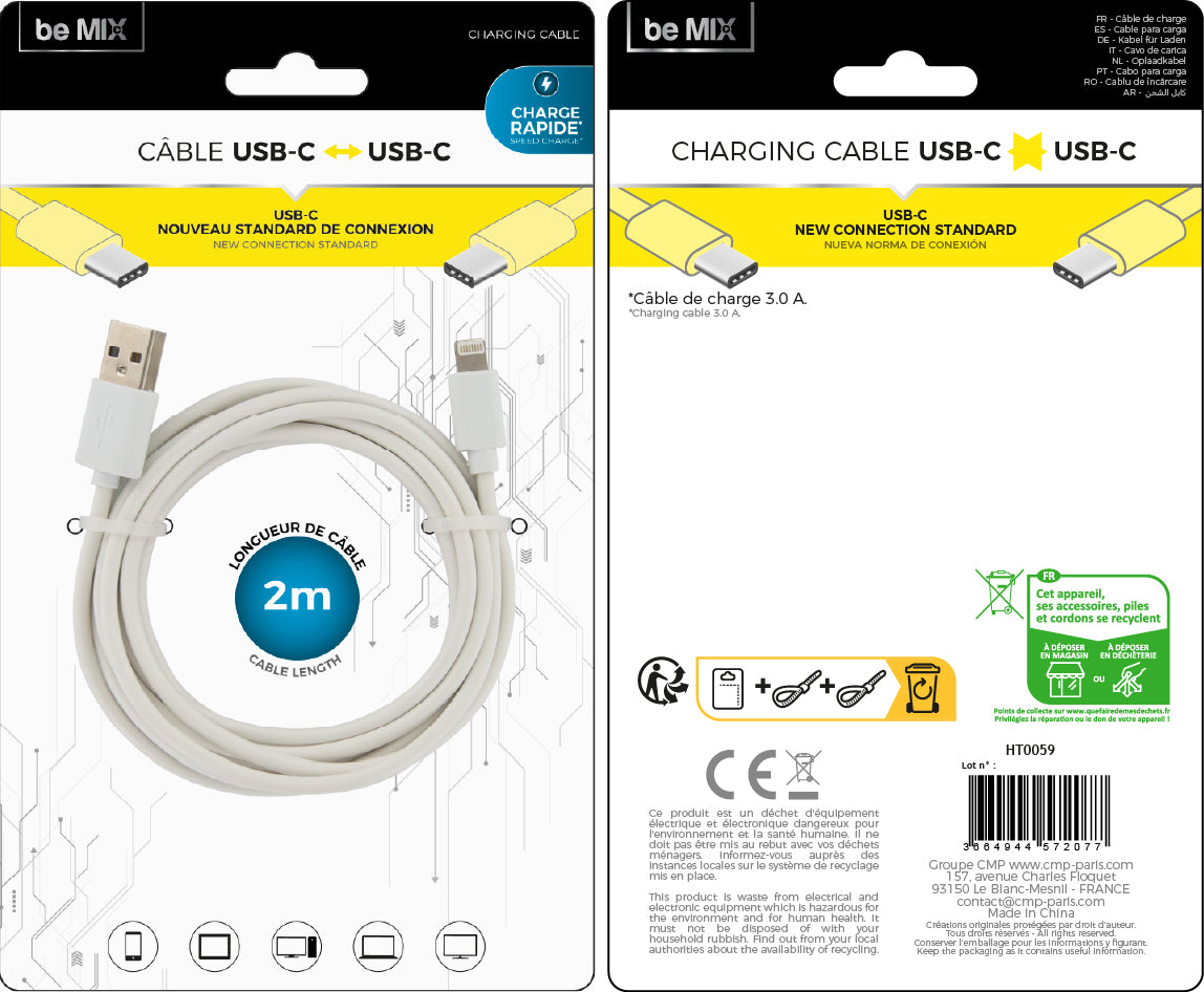 CABLE CHARGE ULTRA RAPIDE 3A DOUBLE TYPE C 2M