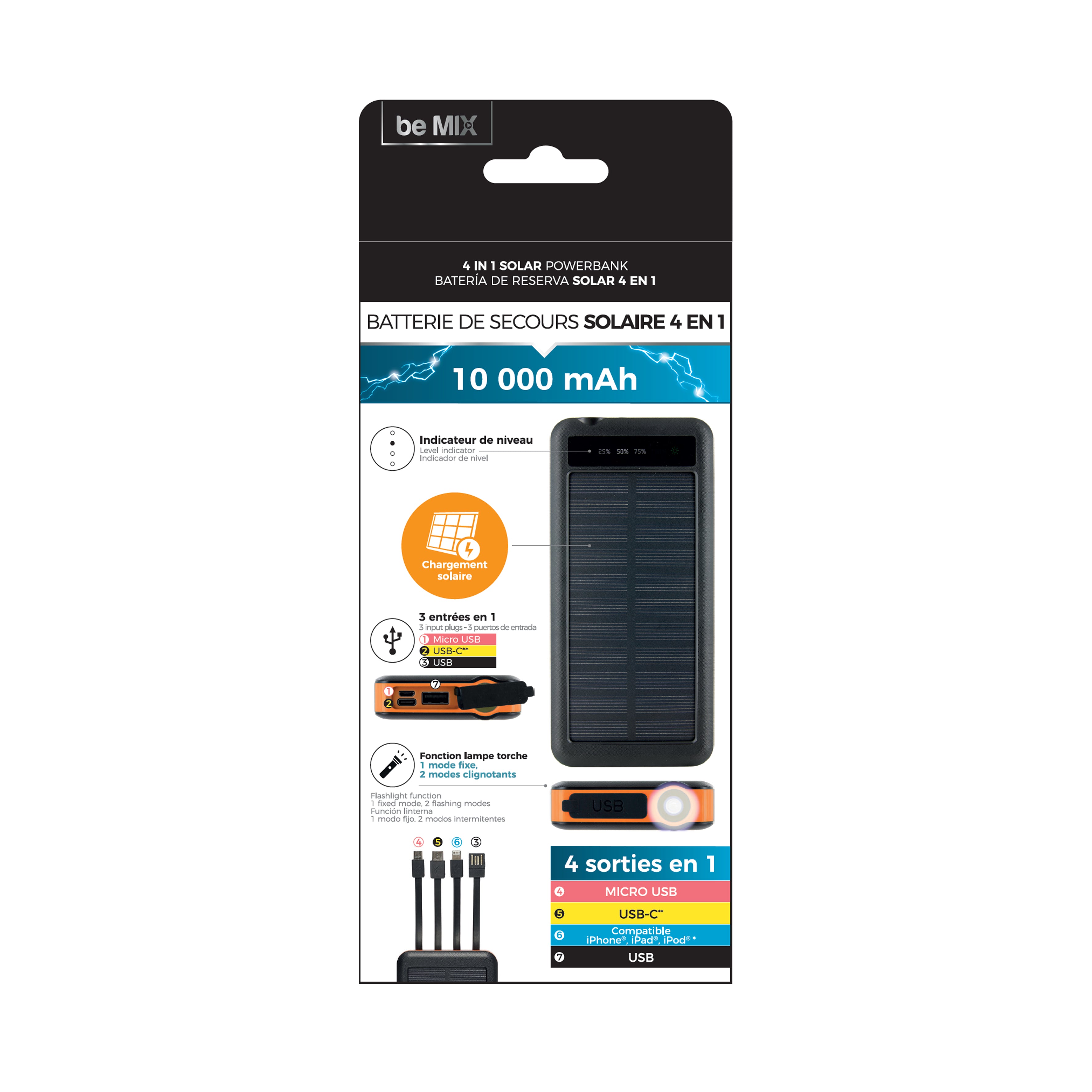 BATTERIE PORTABLE SOLAIRE 10000MAH CABLE INCLUS