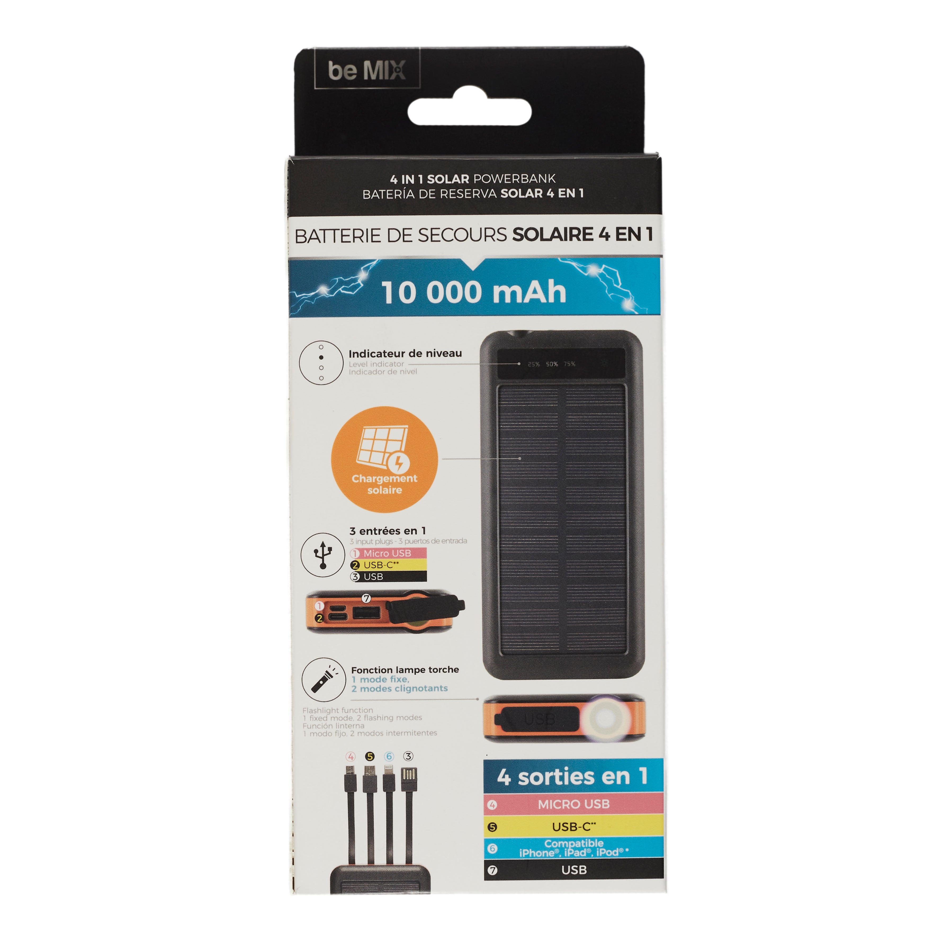 BATTERIE PORTABLE SOLAIRE 10000MAH CABLE INCLUS