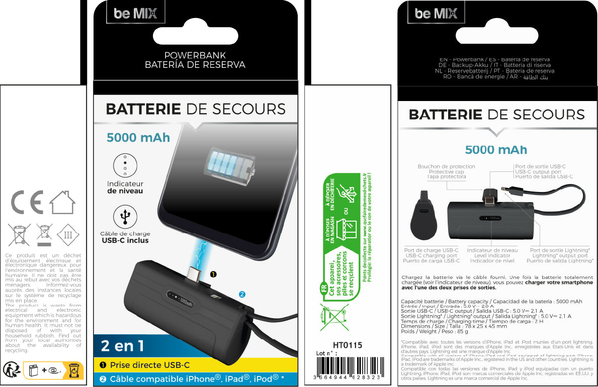 BATTERIE PORT LIGHTNING ET TYPE C 5000MAH
