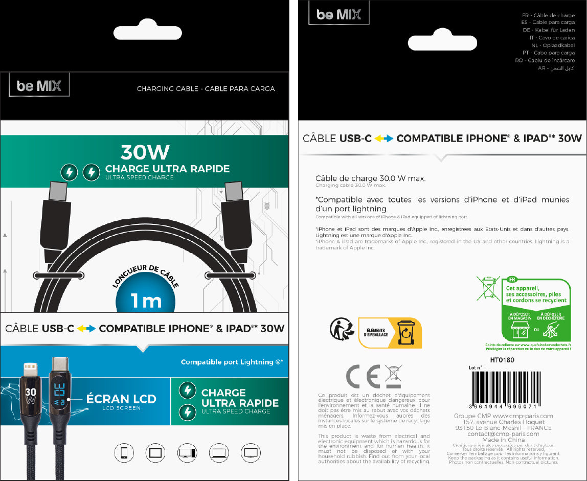 CABLE DE CHARGE C TO L WATTMETRE 30W 1M
