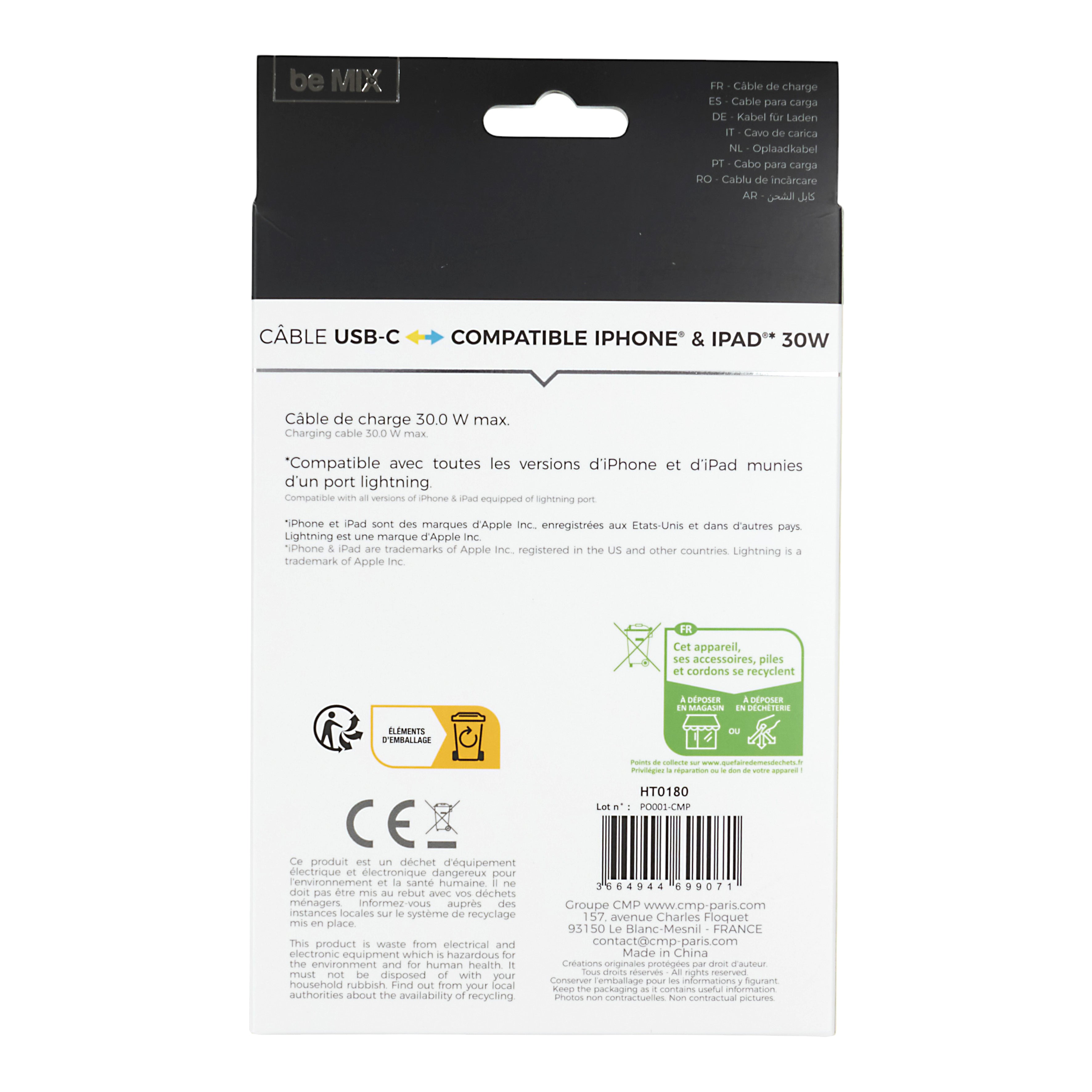 CABLE DE CHARGE C TO L WATTMETRE 30W 1M