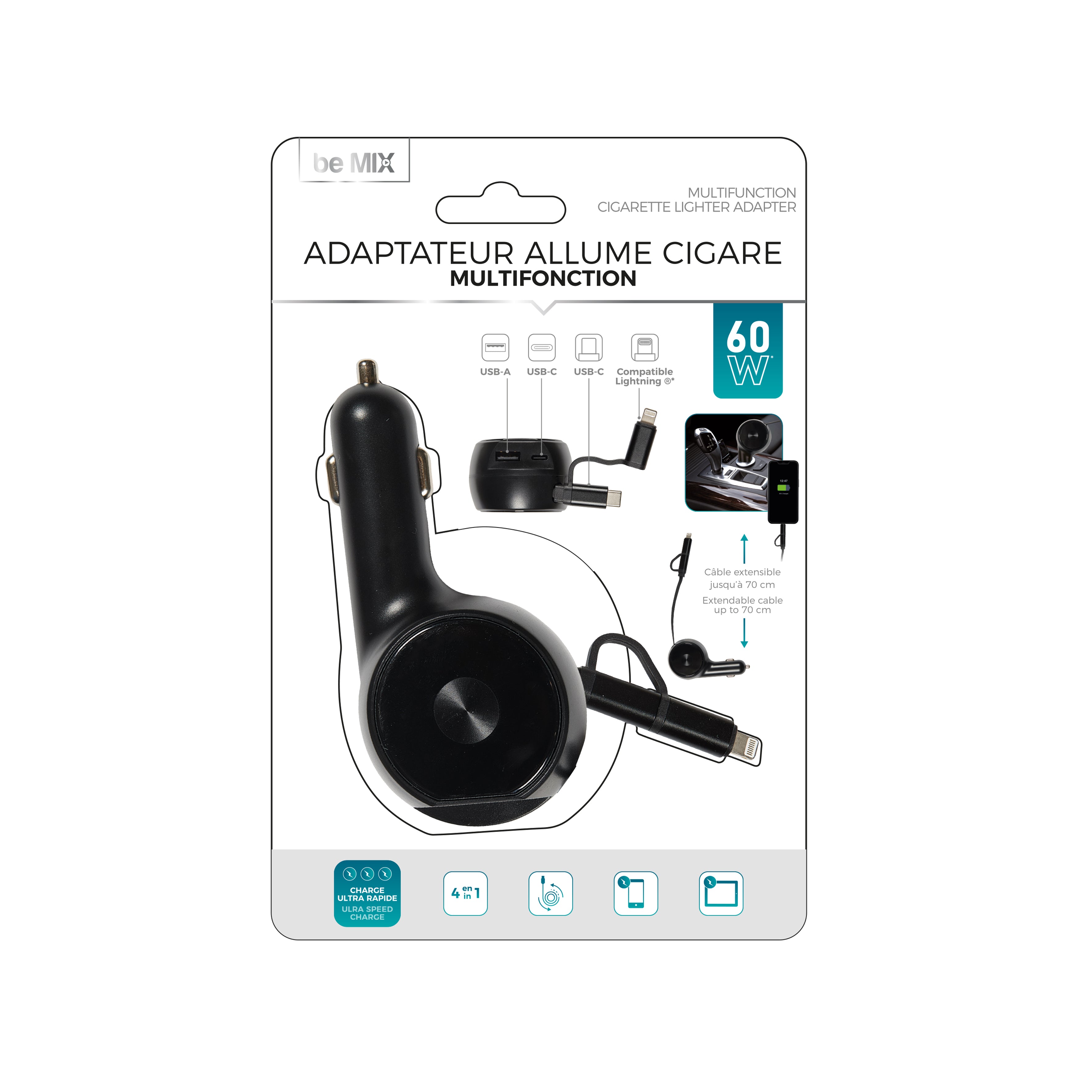 CHARGEUR ALLUME CIGARE CABLE RETRACTABLE 60W