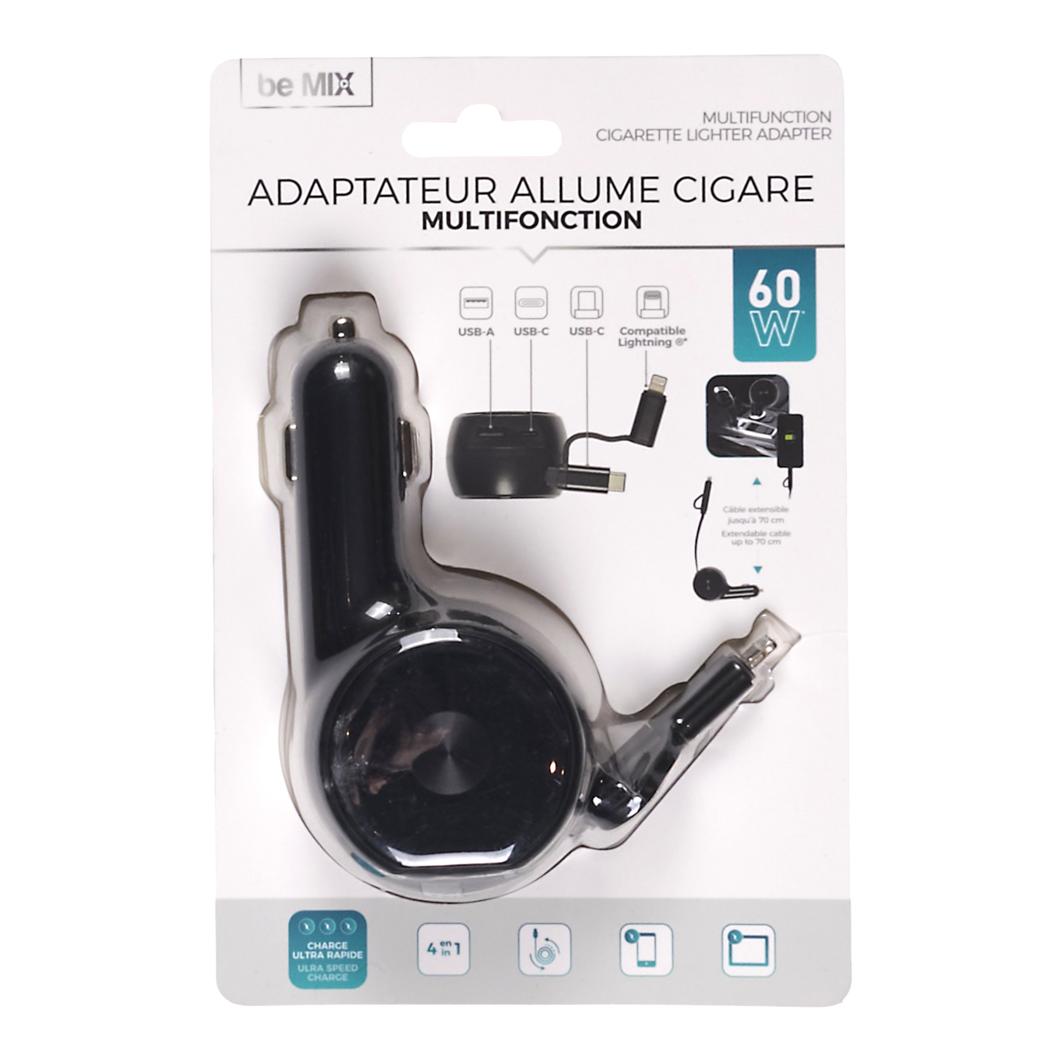 CHARGEUR ALLUME CIGARE CABLE RETRACTABLE 60W