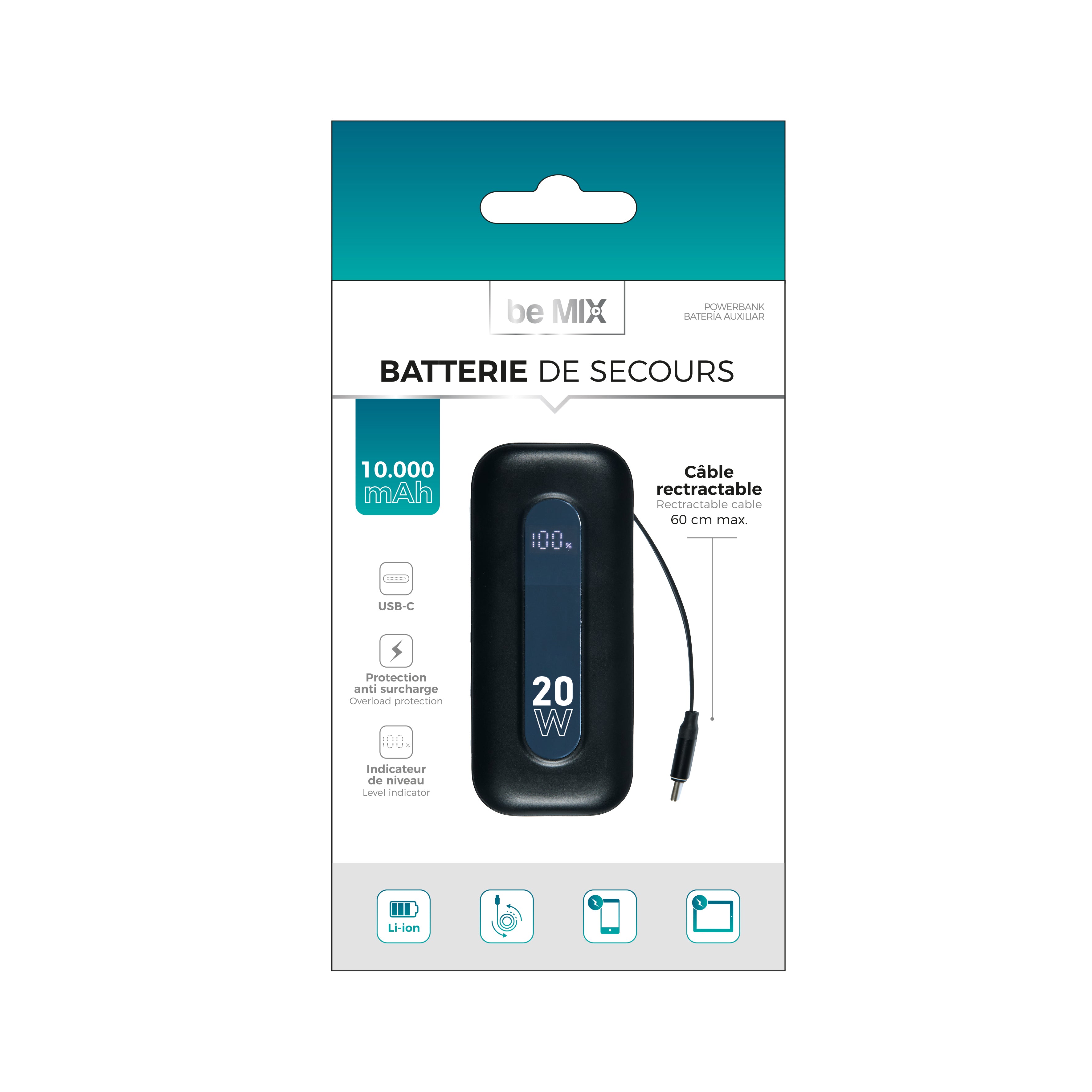 BATTERIE PORTABLE CABLE RETRACTABLE 10000MAH