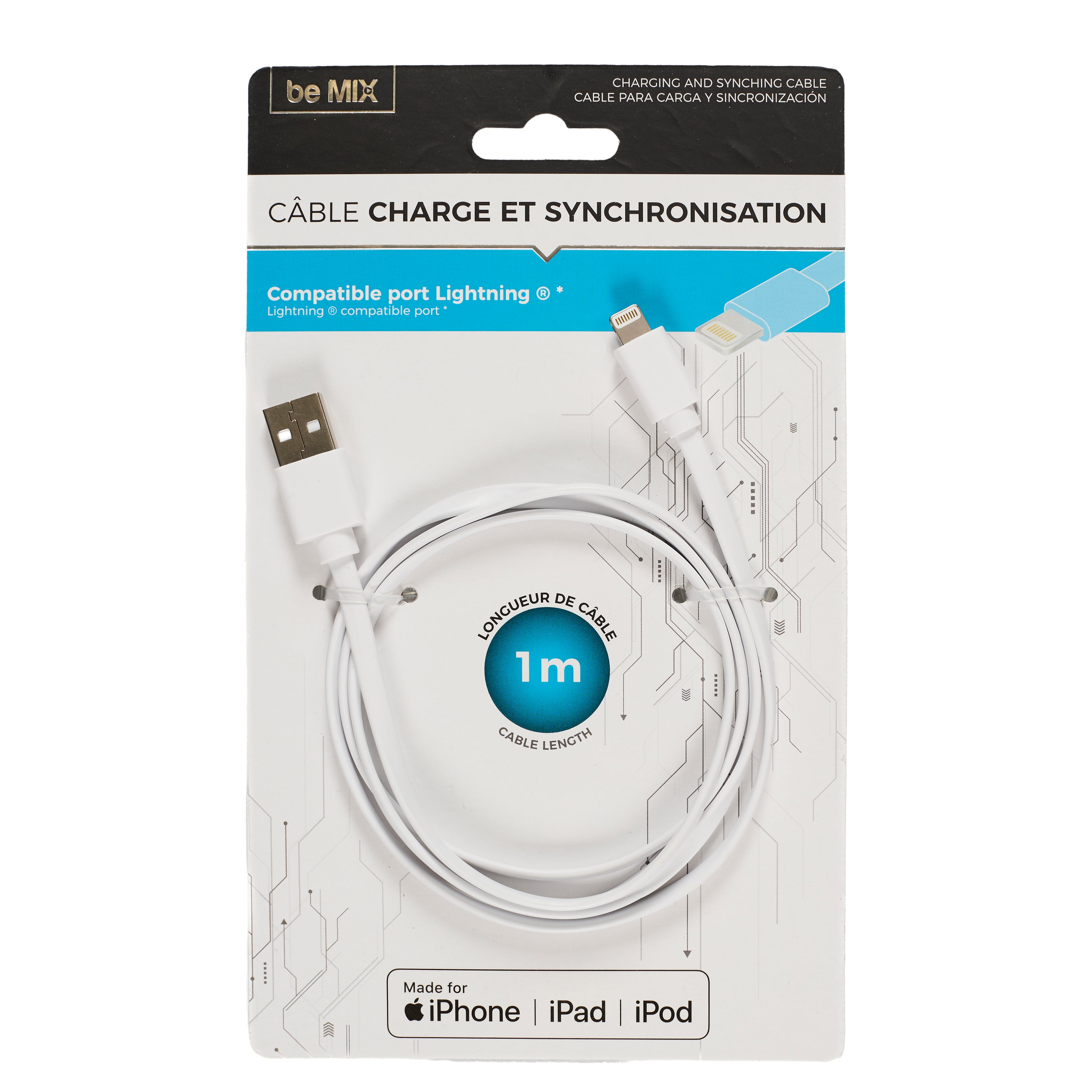 CABLE CHG RAPIDE 2A SYNC MFI IPHONE PLAT BLANC