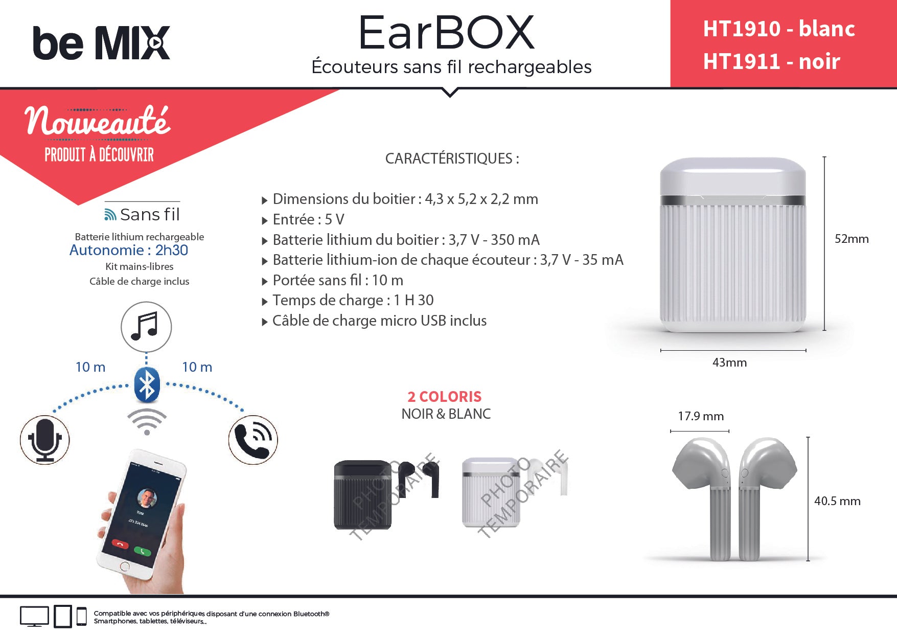 ECOUTEURS EARBOX CLASSIQUE SANS FIL BLANC