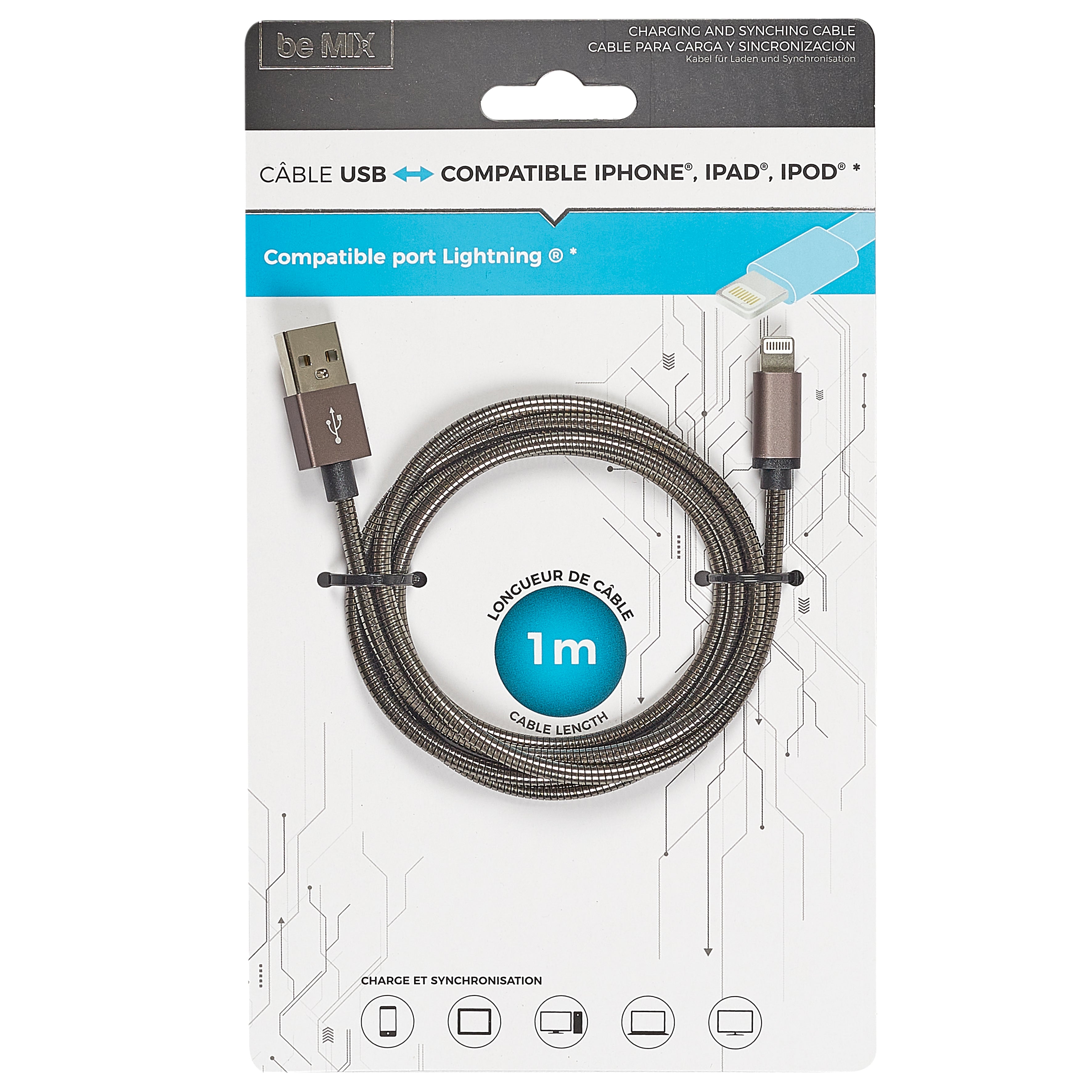 CABLE CHG RAPIDE 2A SYNC IPHONE METAL