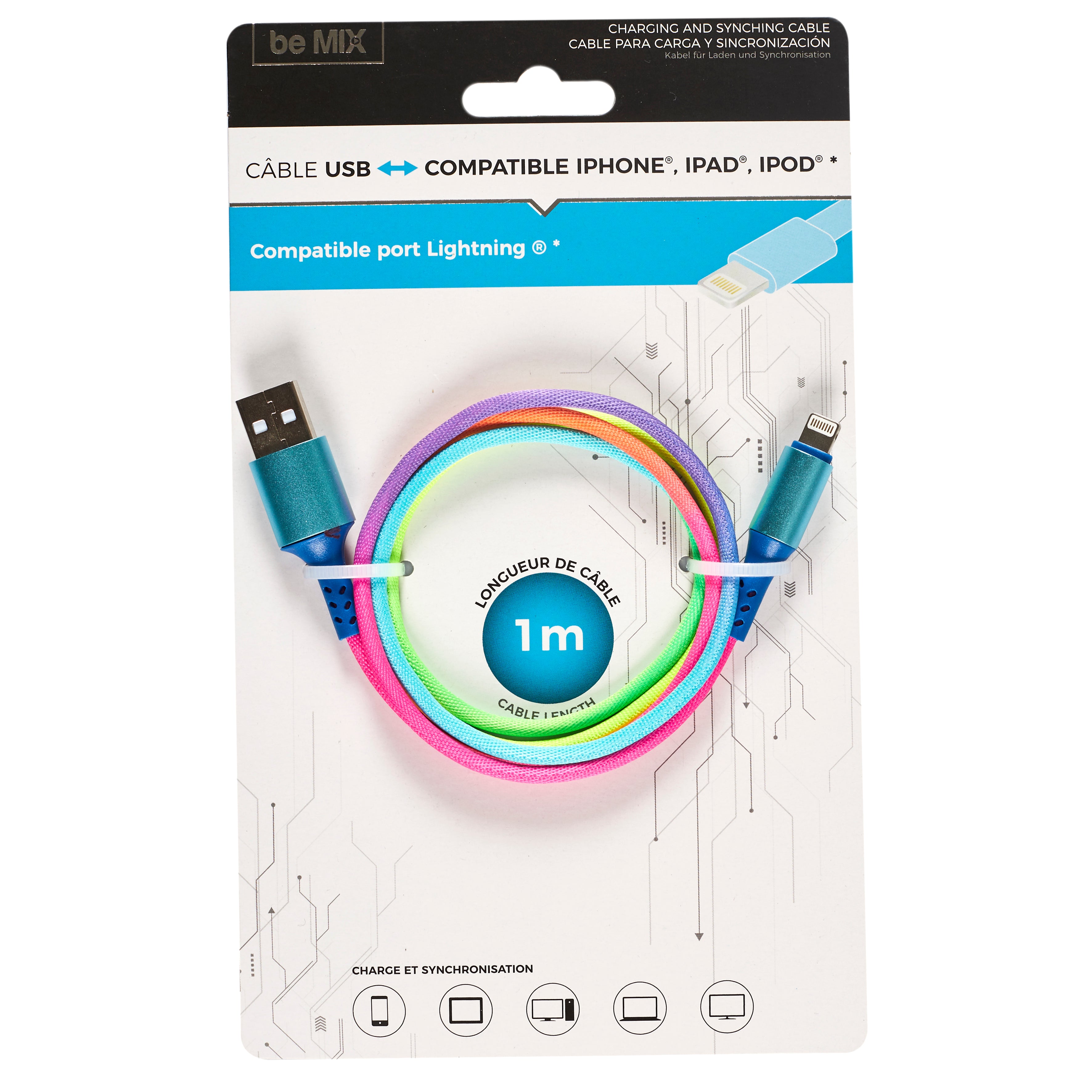 CABLE CHARGE RAPIDE 2A ET SYNC IPHONE RAINBOW