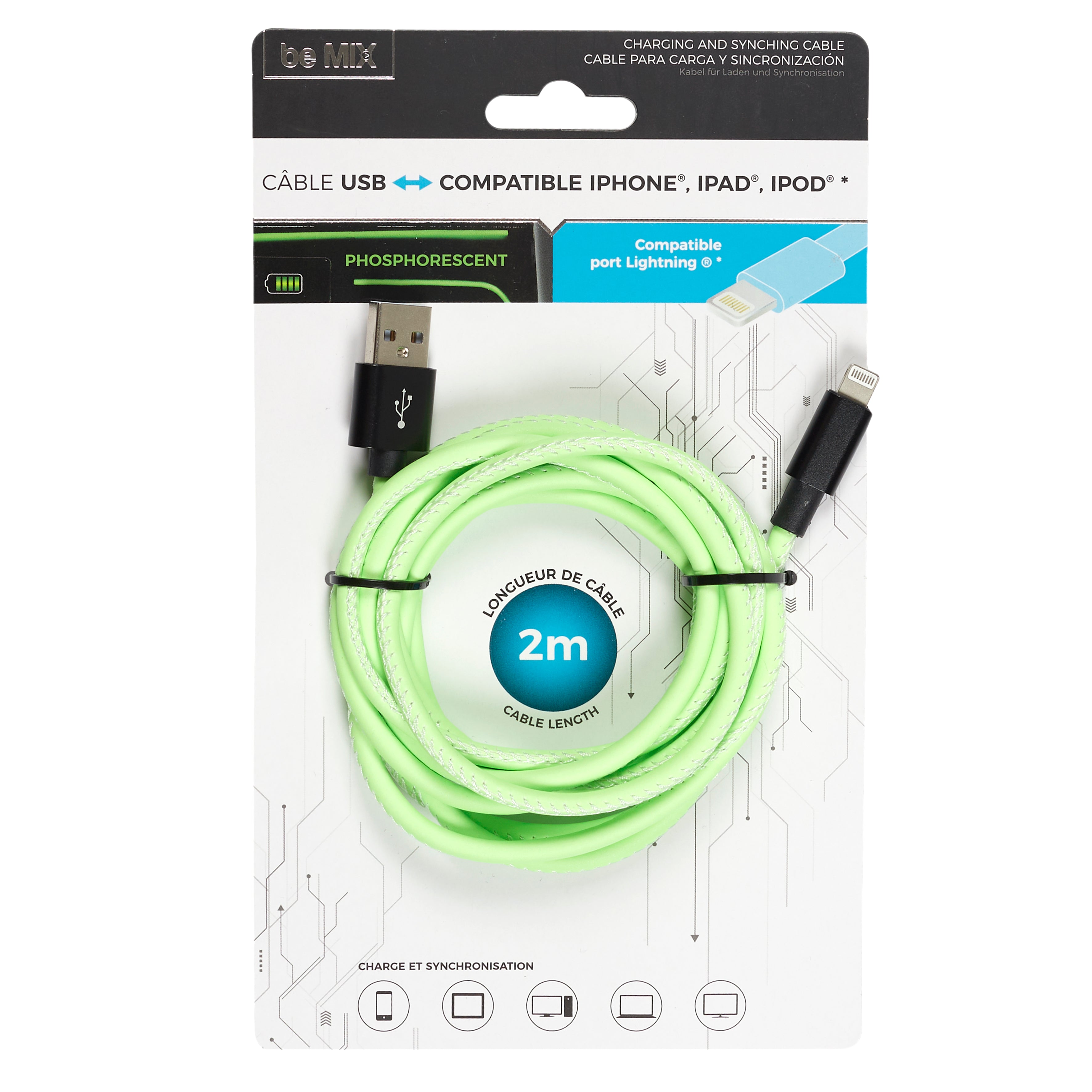 CABLE CHG RAPIDE 2A IPHONE PHOSPHORESCENT 2M