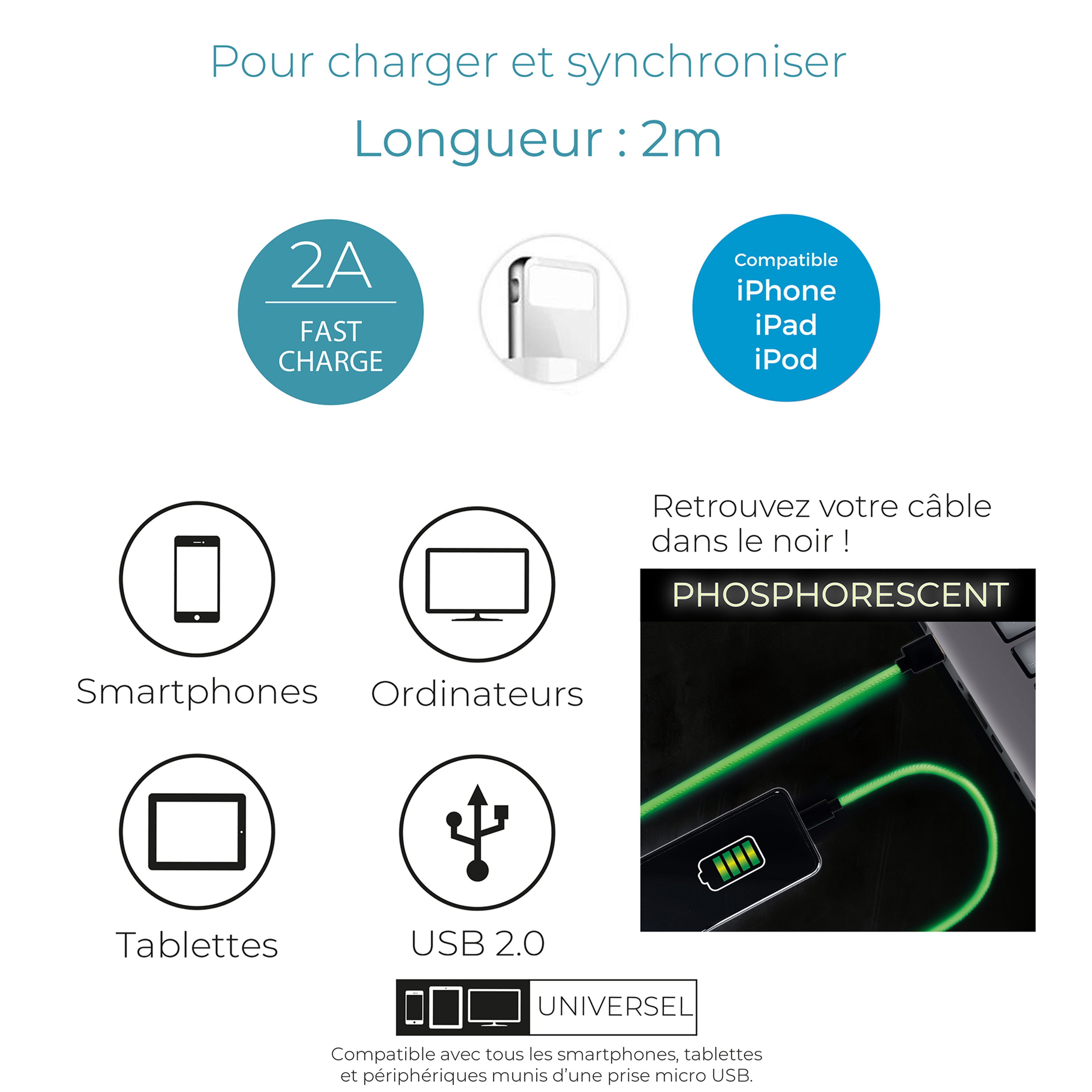 CABLE CHG RAPIDE 2A IPHONE PHOSPHORESCENT 2M