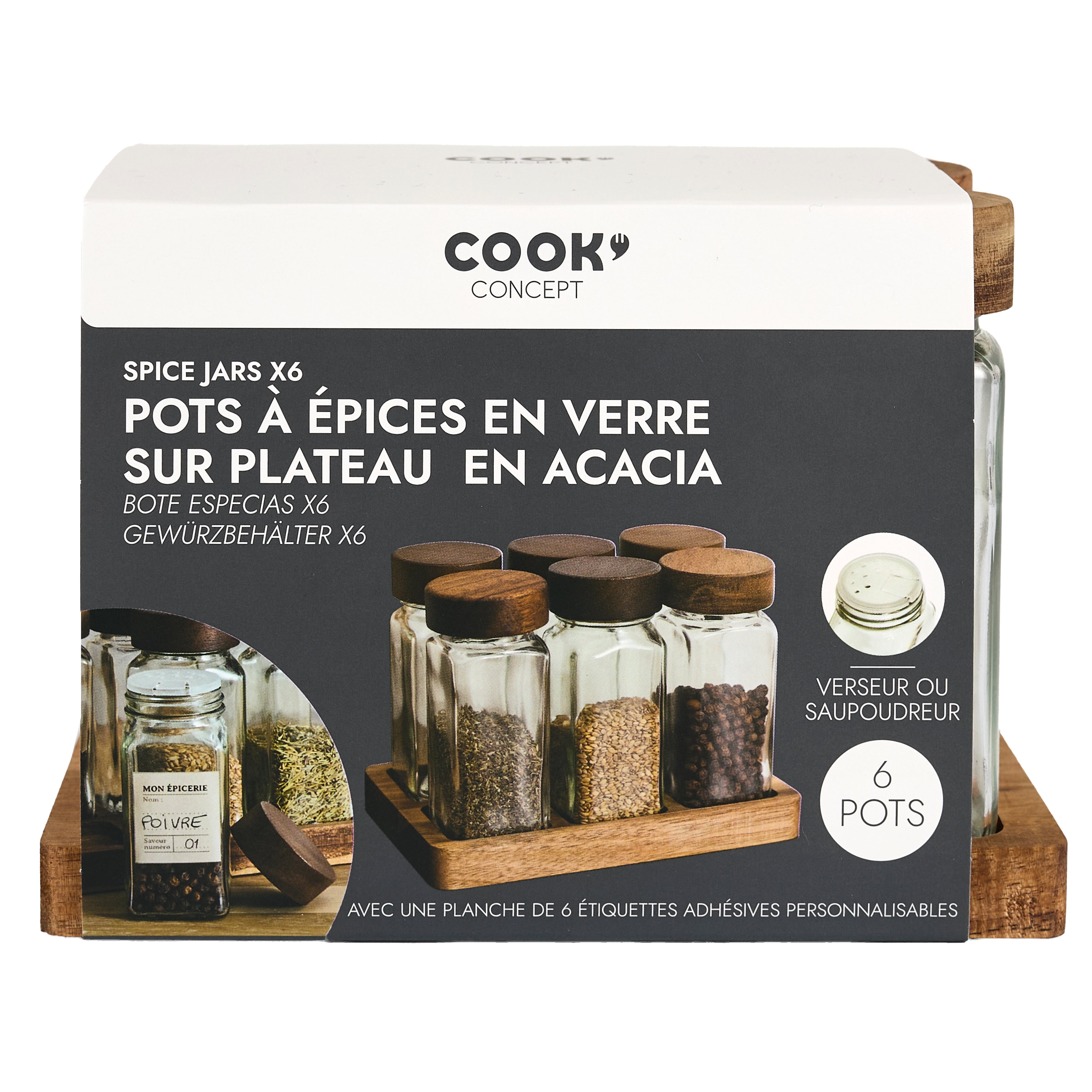 BOCAUX A EPICES X6 SUR PLATEAU ACACIA
