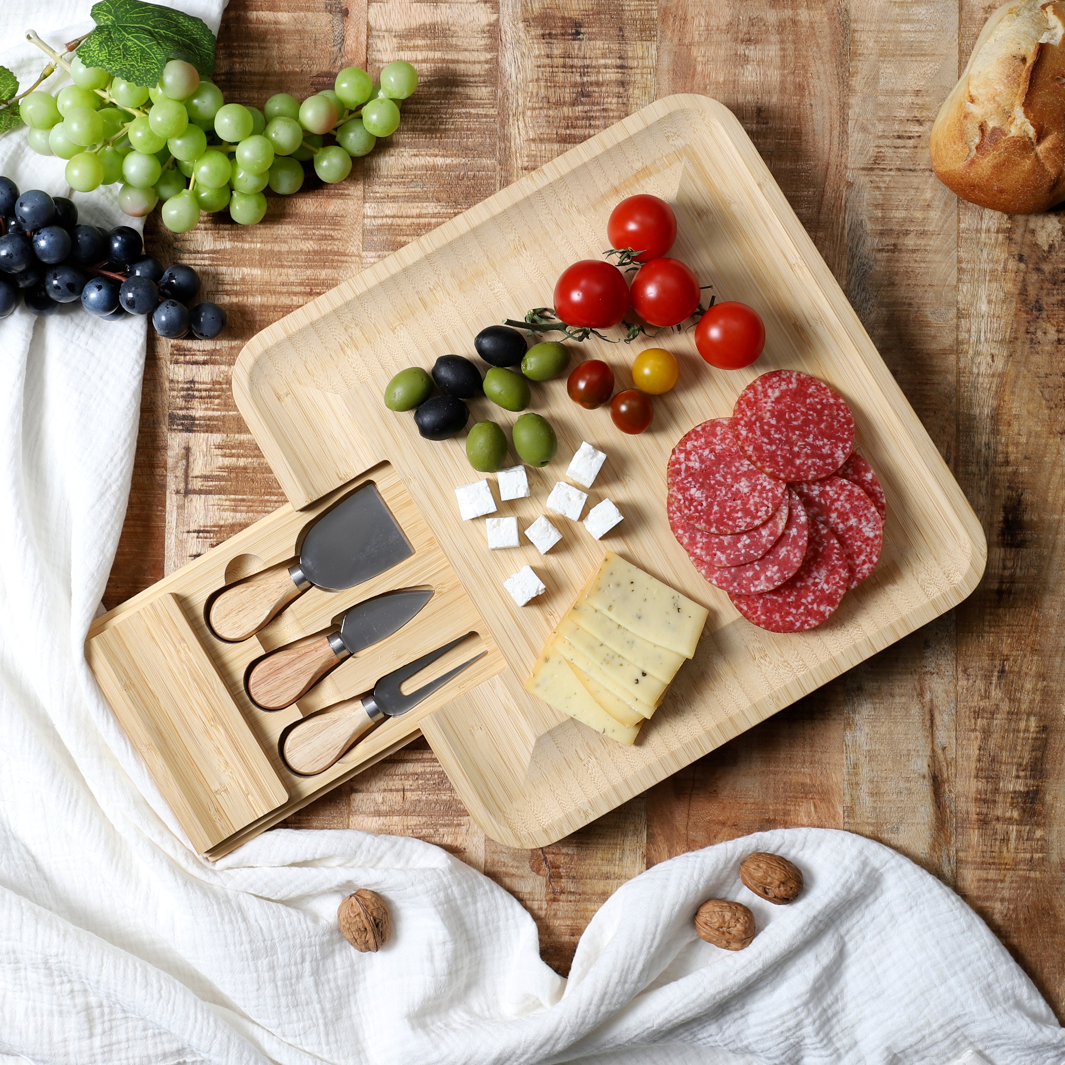 PLANCHE APERO BAMBOU TIROIR COUTEAUX FROMAGE