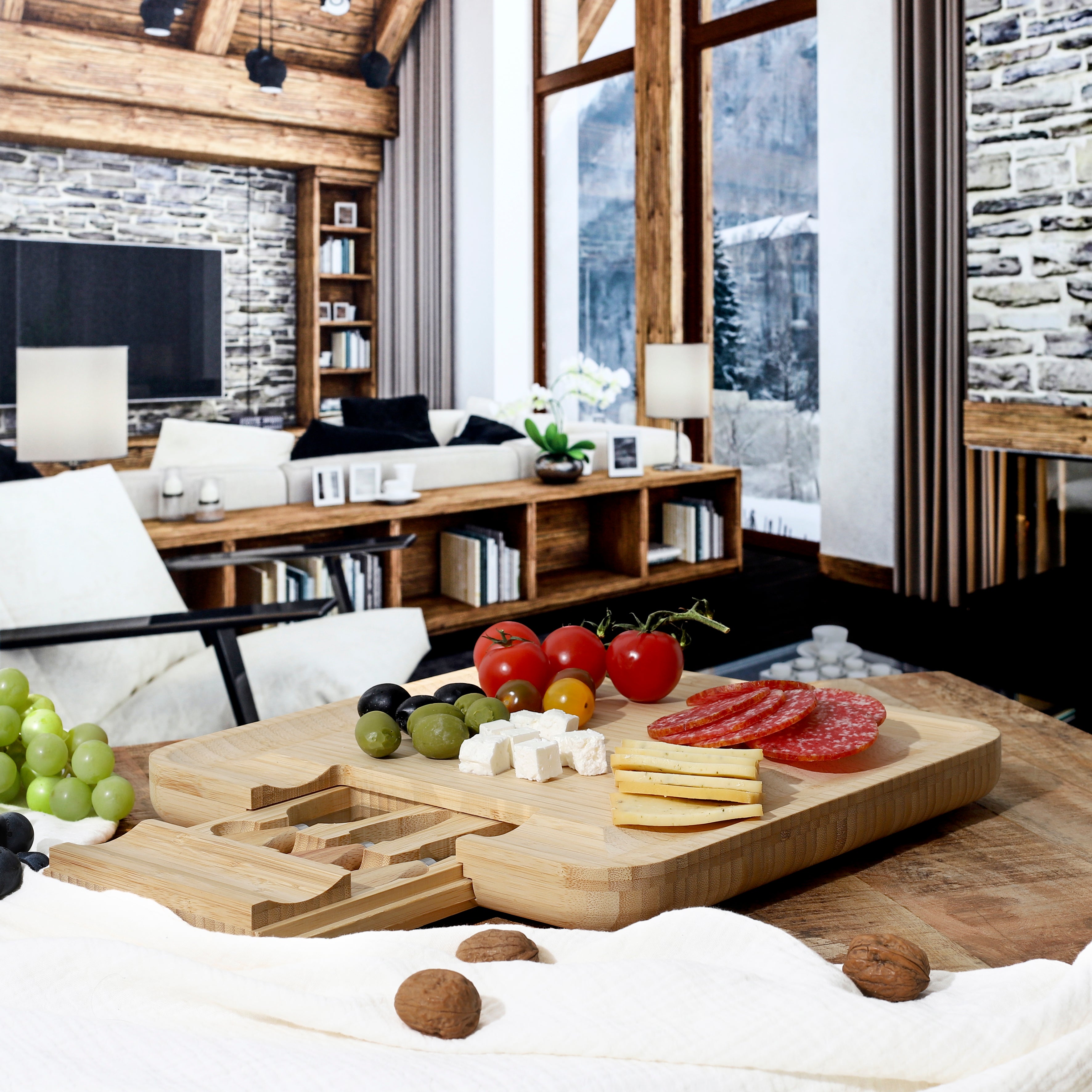 PLANCHE APERO BAMBOU TIROIR COUTEAUX FROMAGE