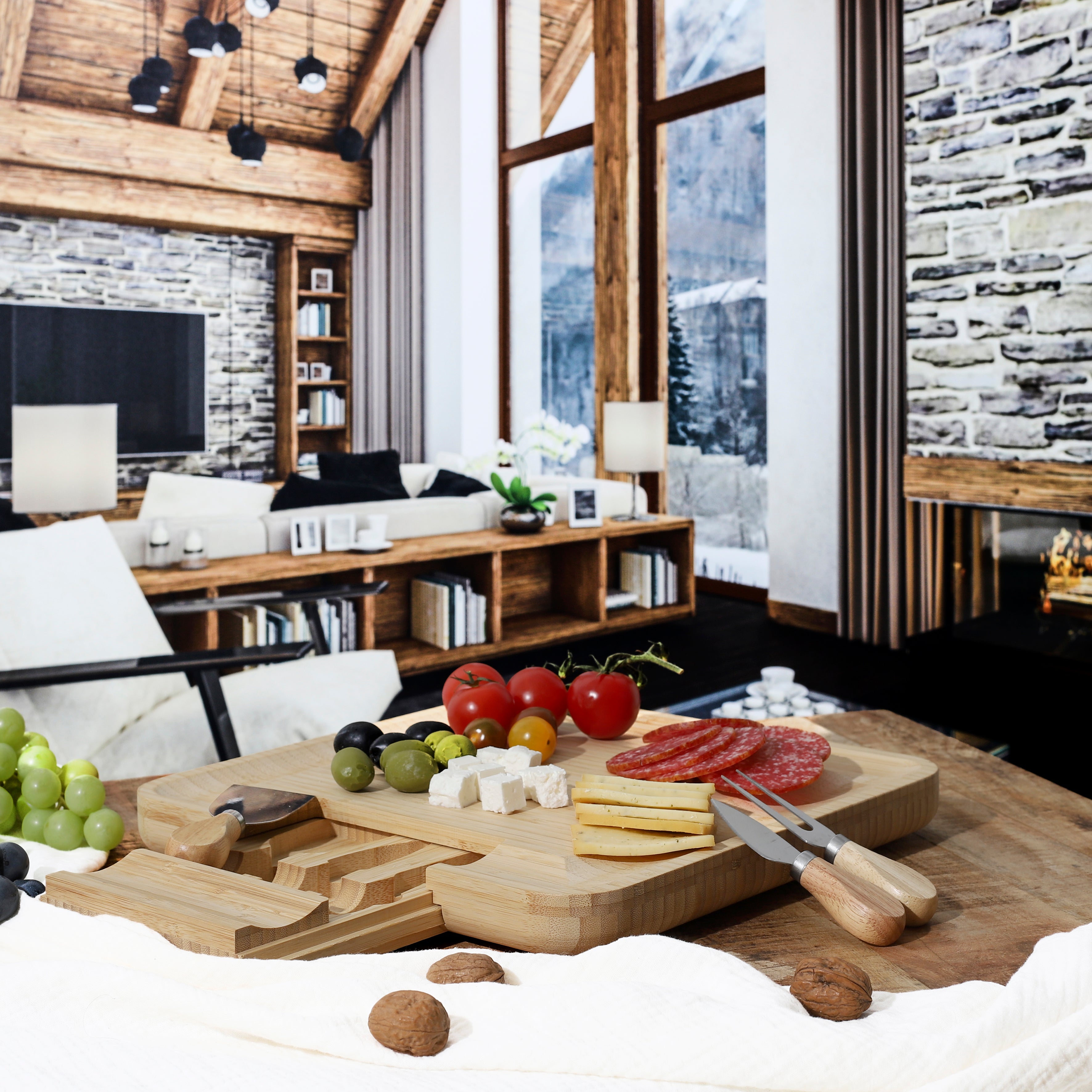 PLANCHE APERO BAMBOU TIROIR COUTEAUX FROMAGE