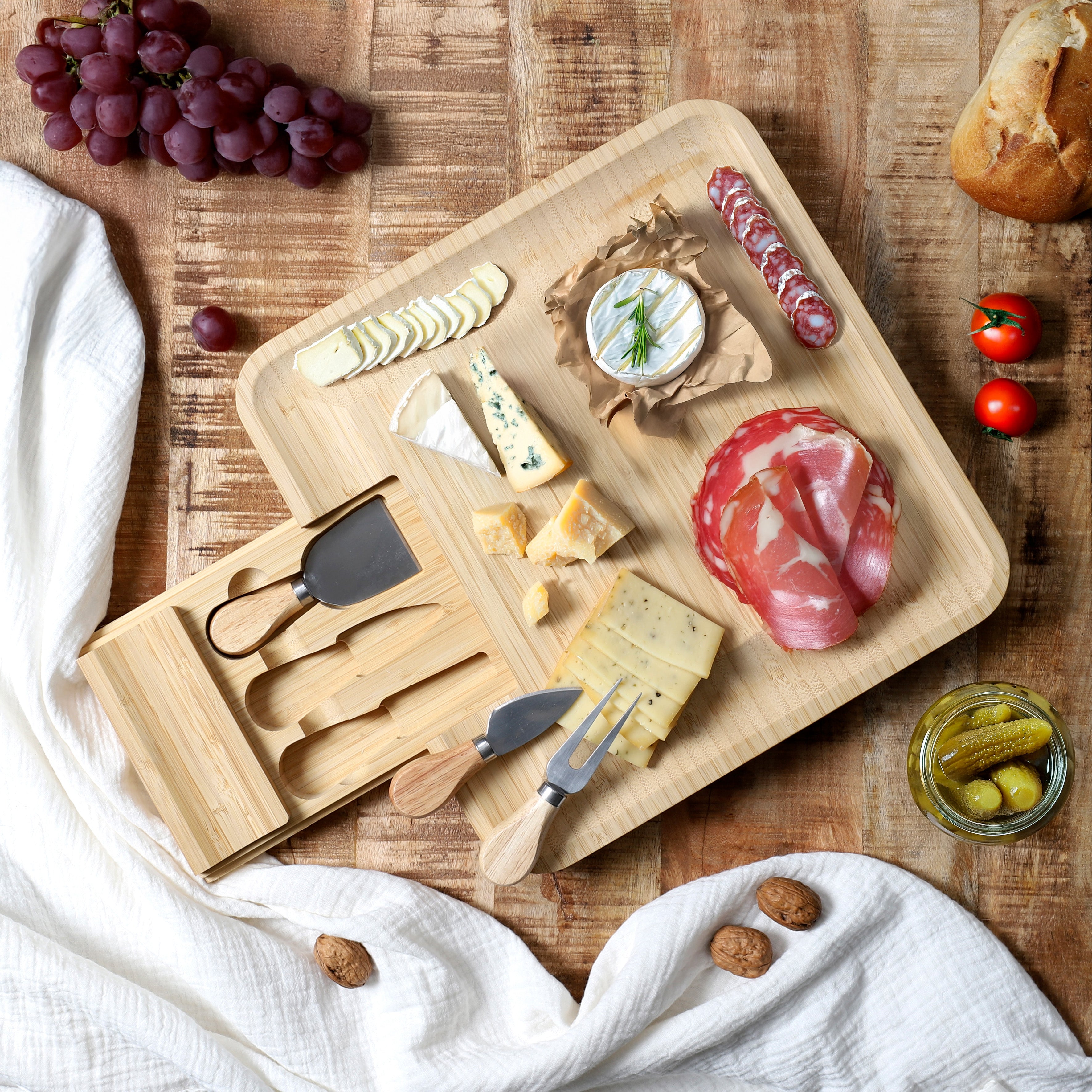 PLANCHE APERO BAMBOU TIROIR COUTEAUX FROMAGE