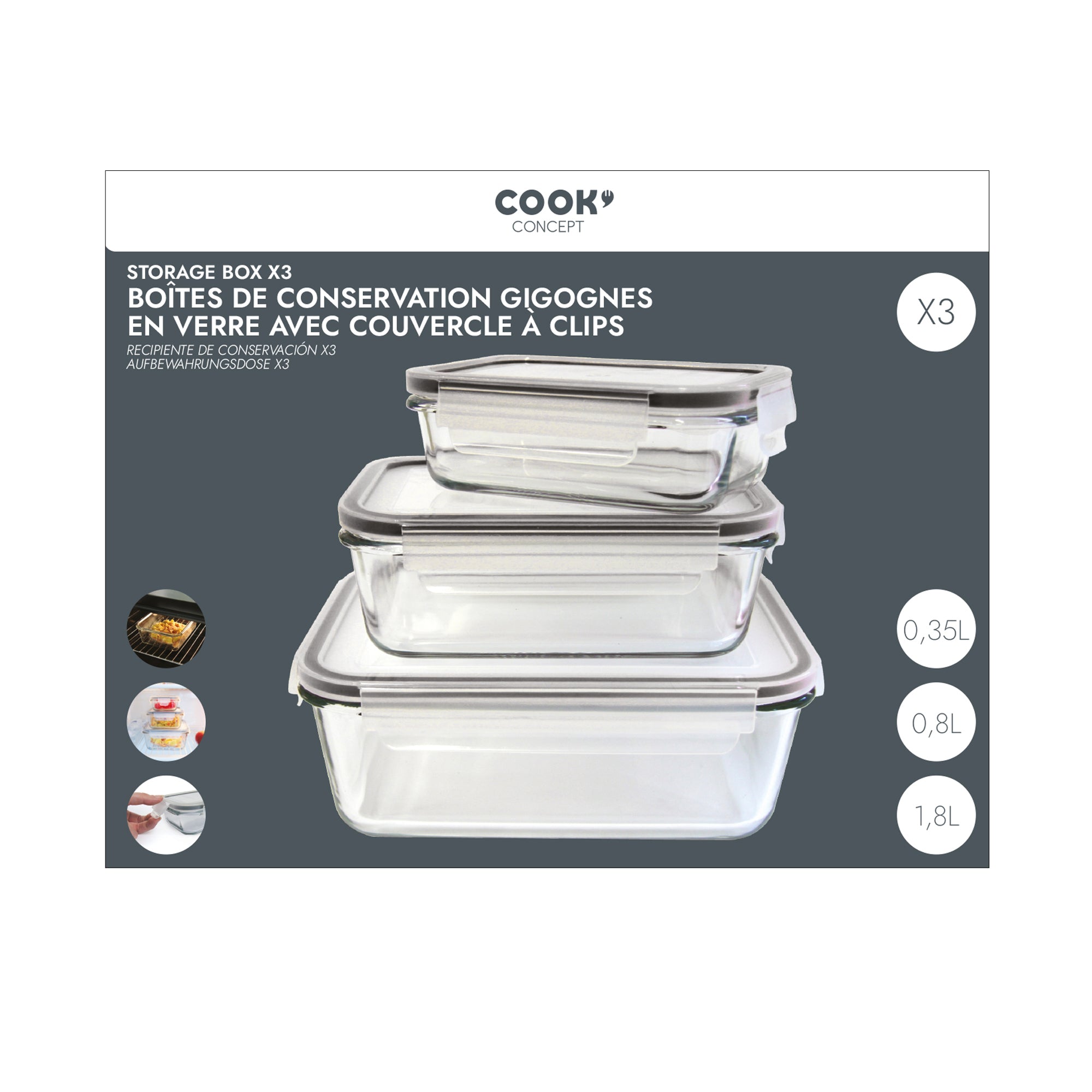 PLAT EN VERRE FOUR AVEC COUV HERMETIQUE X3