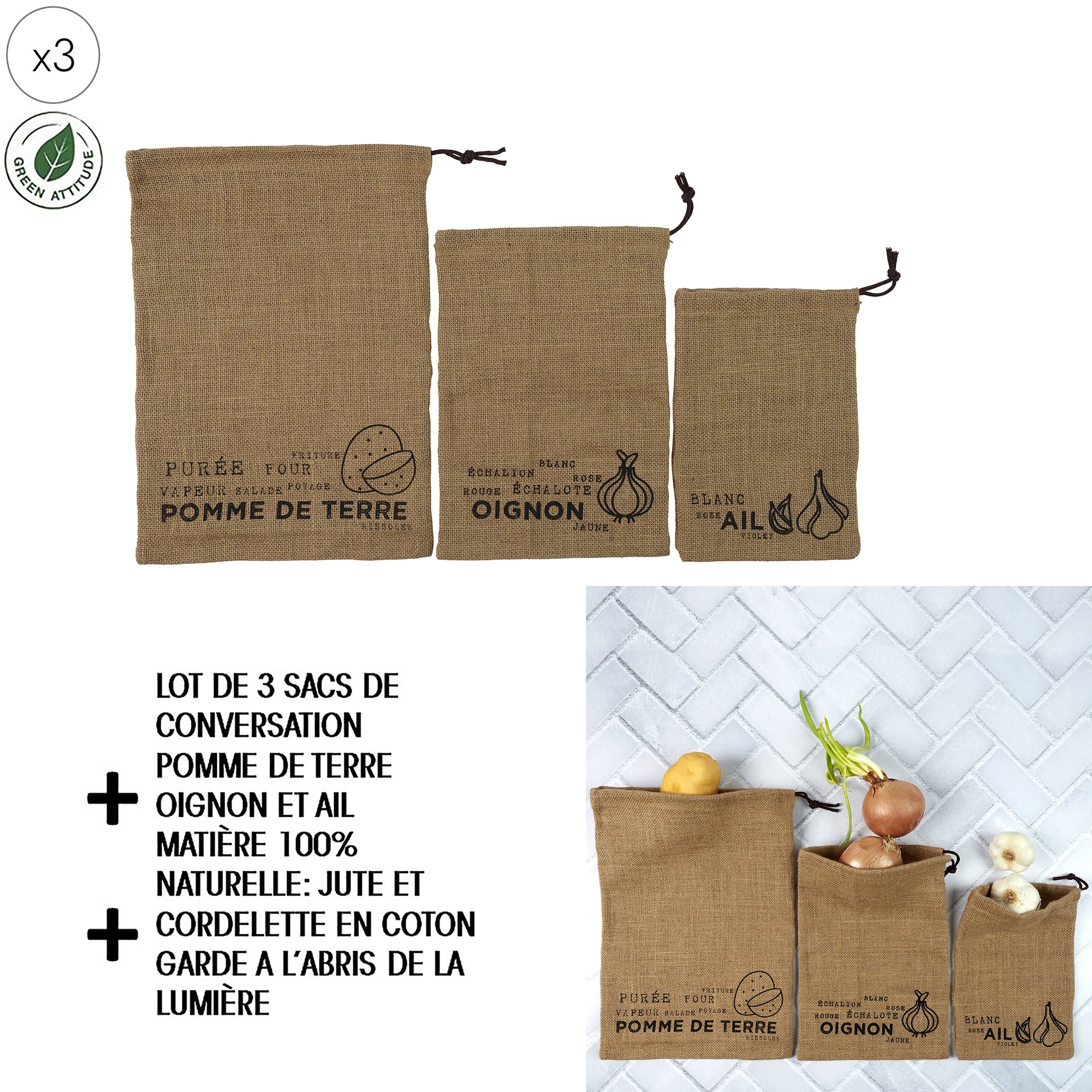 SAC DE CONSERVATION EN TOILE DE JUTE X3