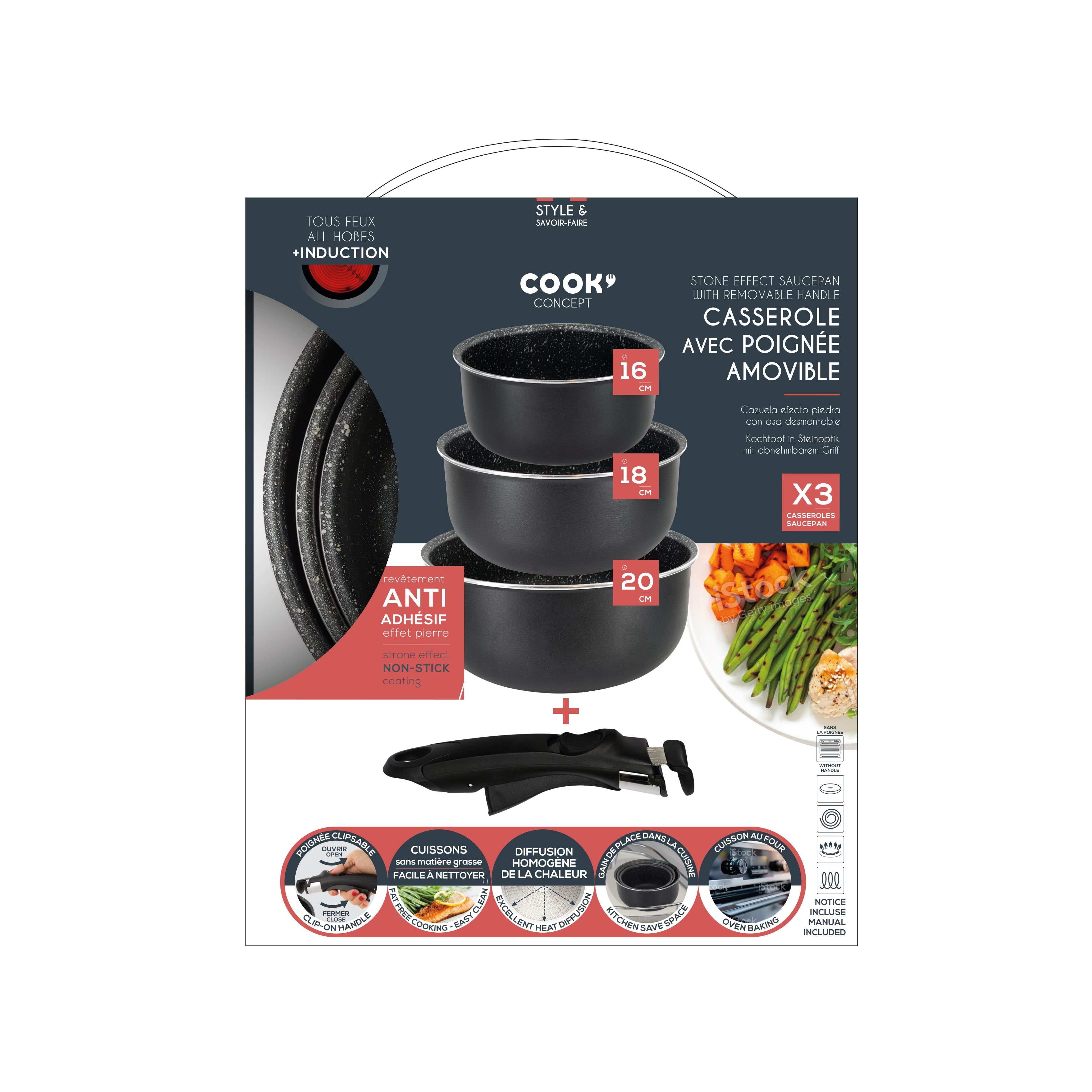 CASSEROLE EFFET PIERRE X3 POIGNEE UNIVERSELLE