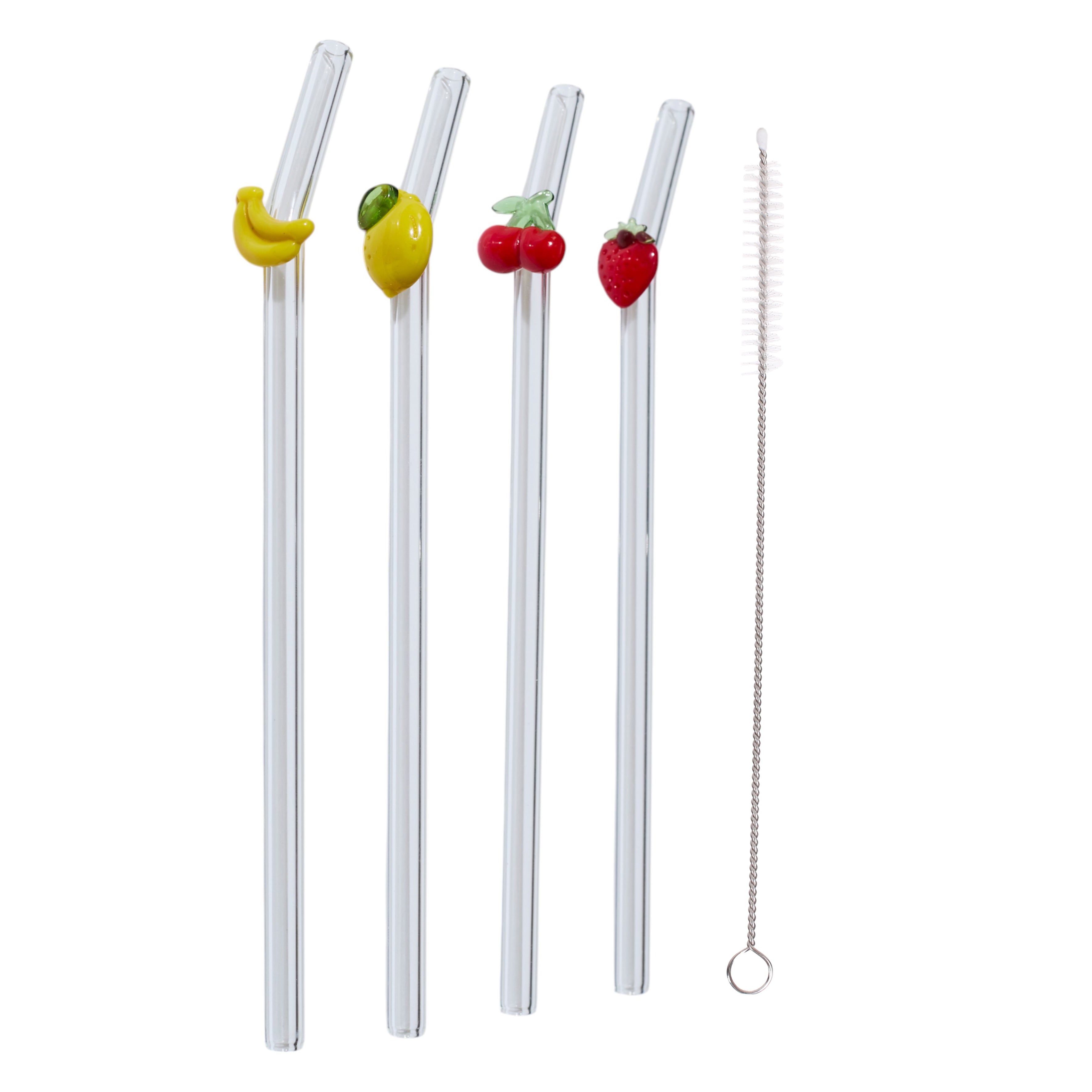PAILLE EN VERRE FORME FRUIT X4 AVEC GOUPILLON