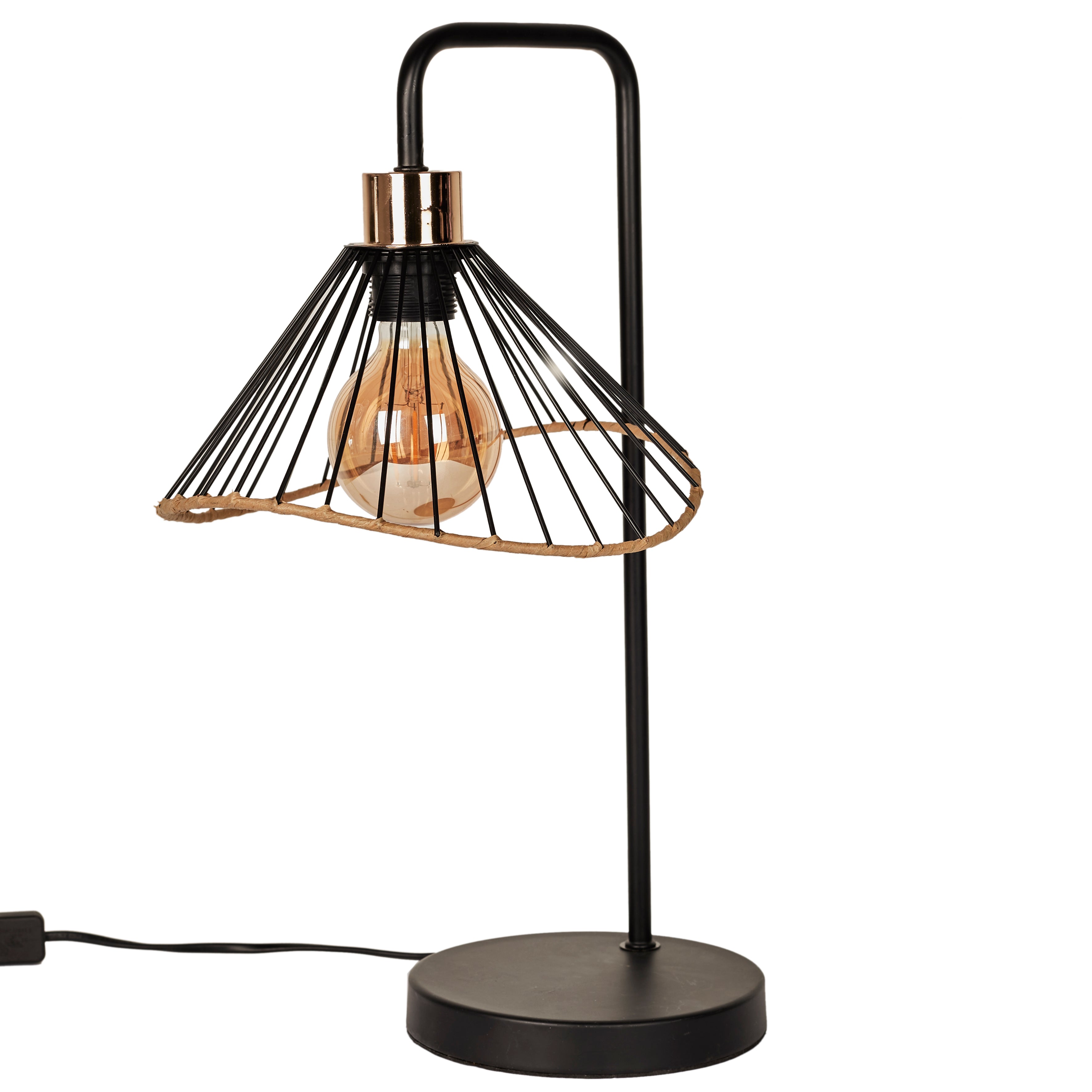 LAMPE A POSER ABAT JOUR NOIR ET ROTIN