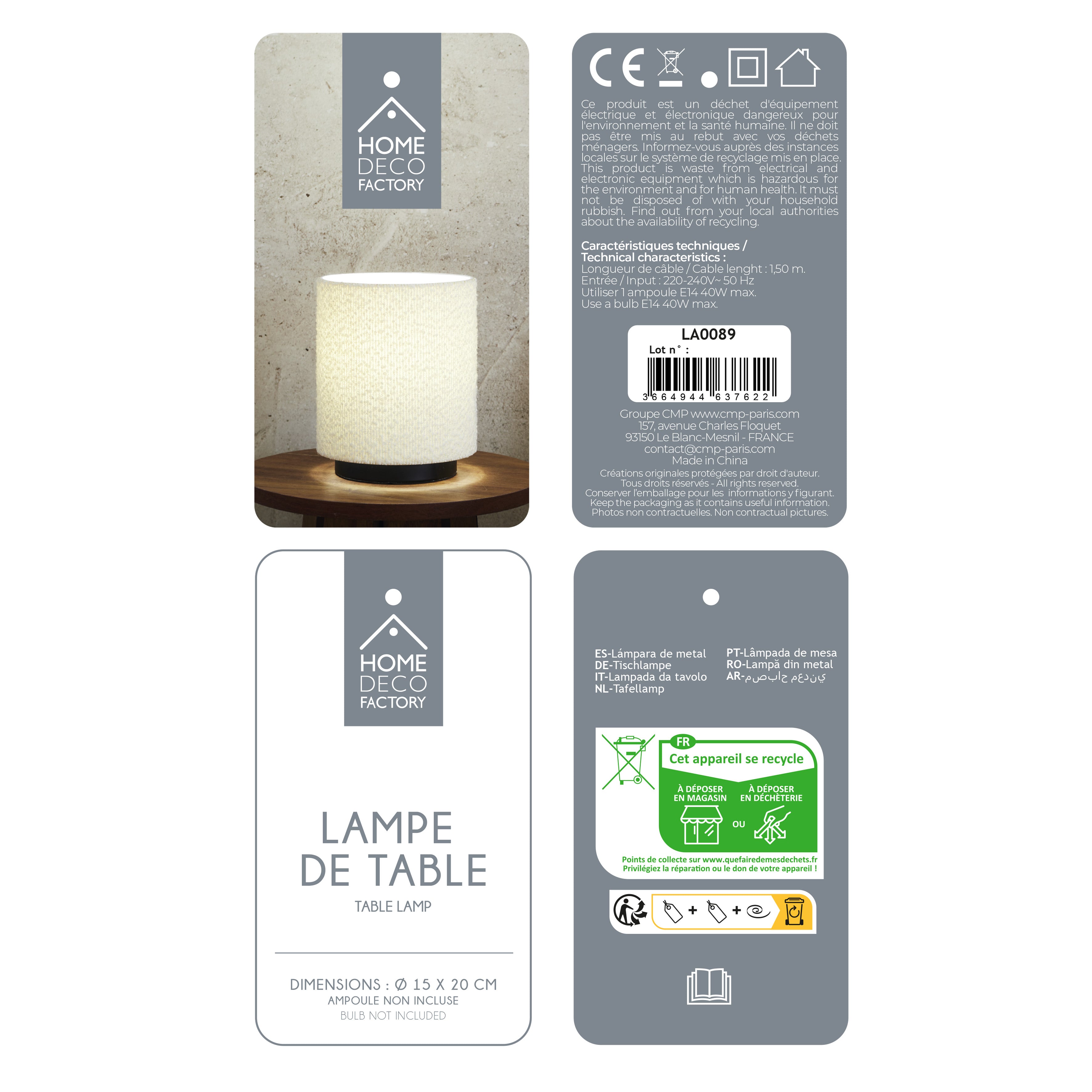 LAMPE DE TABLE ABAT JOUR BOUCLETTE BLANC